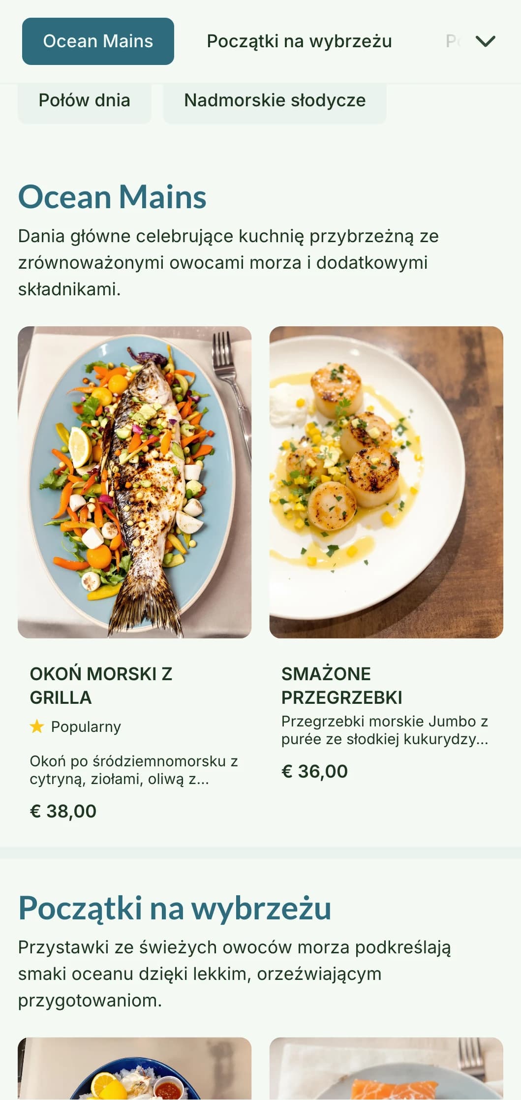 Świeży i przewiewny projekt menu obiadowego inspirowany nadmorskim stylem życia, z delikatnymi błękitami i naturalnymi teksturami, idealny do restauracji serwujących owoce morza.