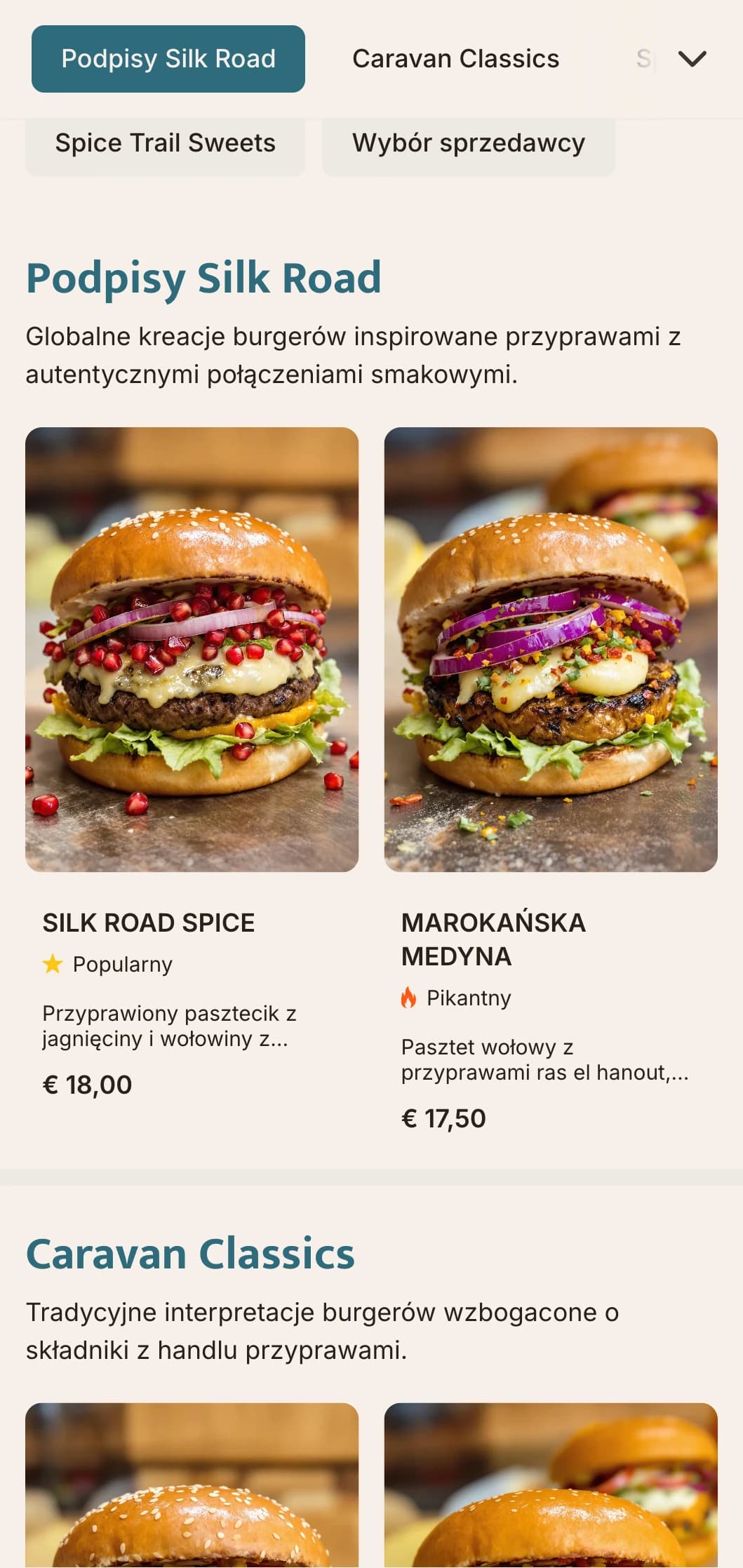 Menu burgerów inspirowane handlem przyprawami z globalnymi profilami smakowymi i odniesieniami historycznymi.