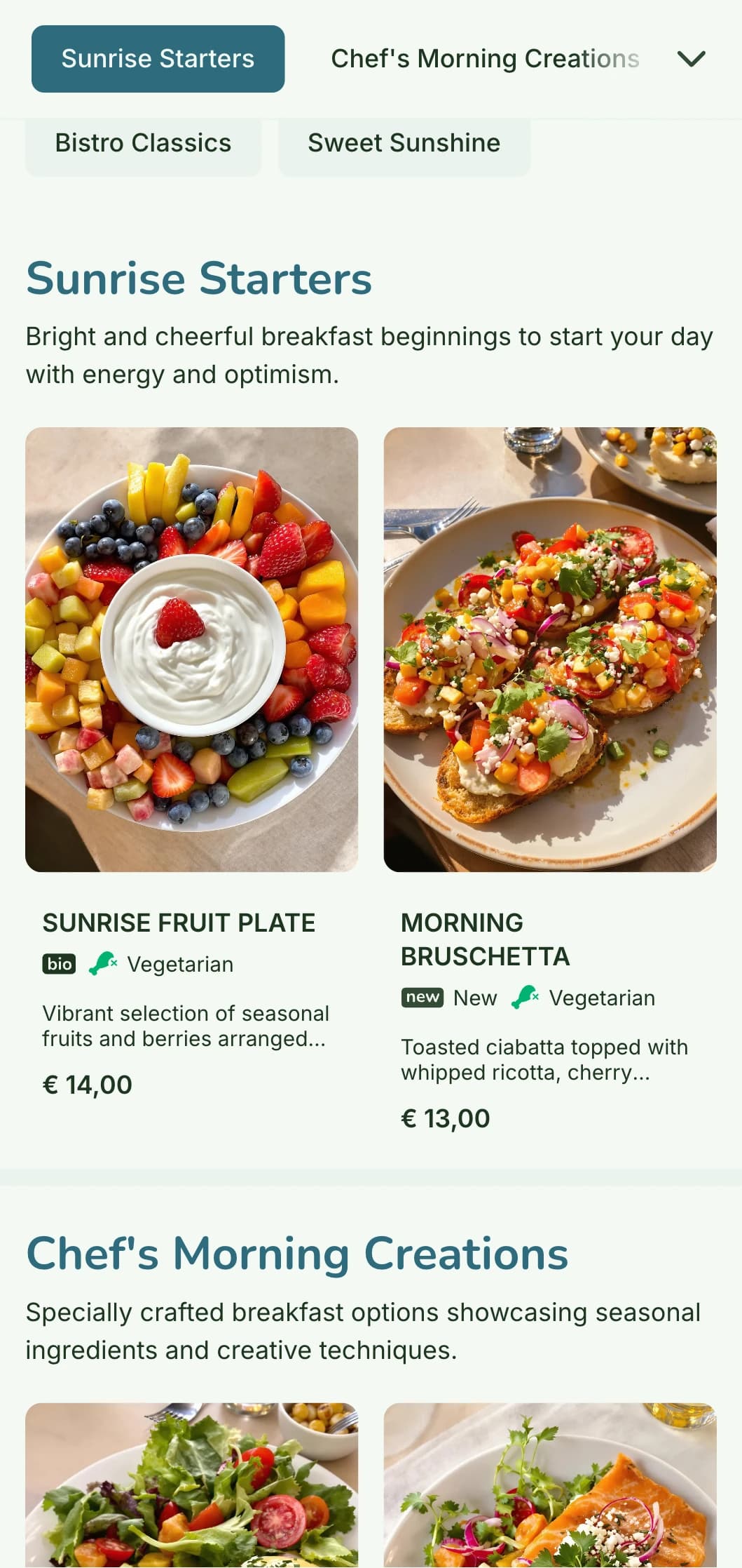 Bright, cheerful breakfast menu featuring fresh, colorful ingredients in a casual yet refined bistro setting.