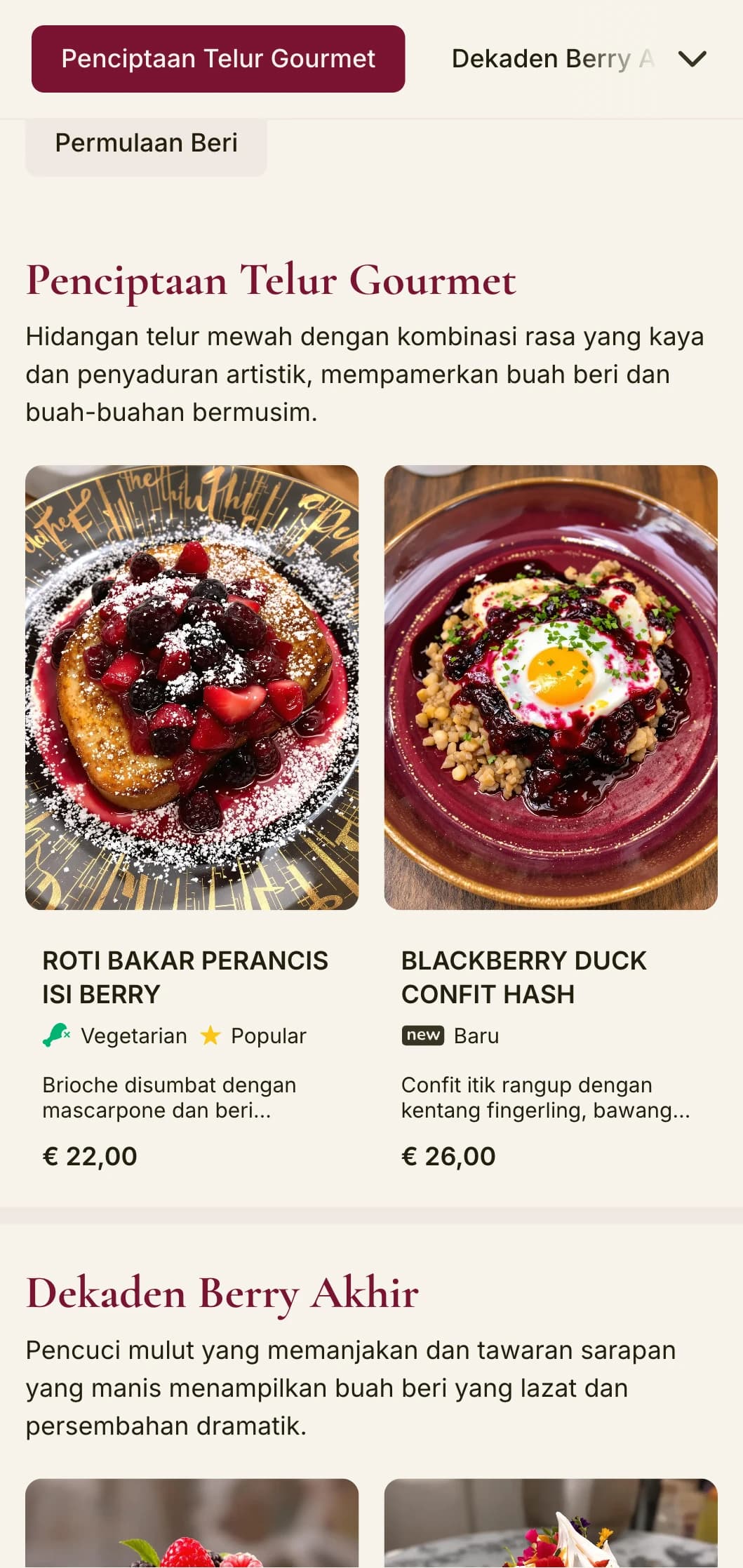 Templat makan tengah hari yang meriah dengan rona beri yang kaya dan tipografi yang elegan, direka untuk kafe dengan hidangan istimewa buah-buahan.