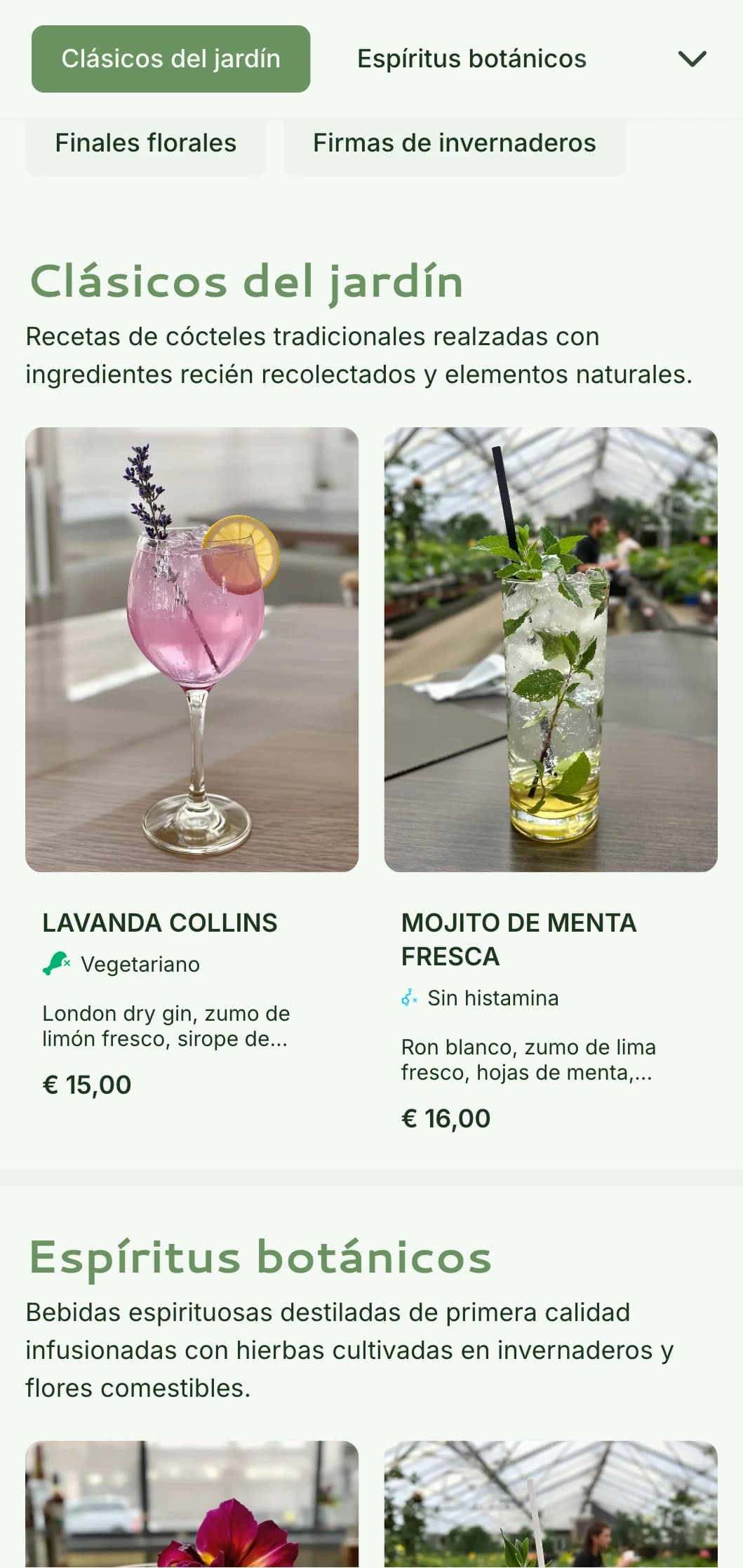 Un diseño fresco, de inspiración conservadora, para bares de jardín y salones botánicos, con tonos verdes y tipografía aérea.