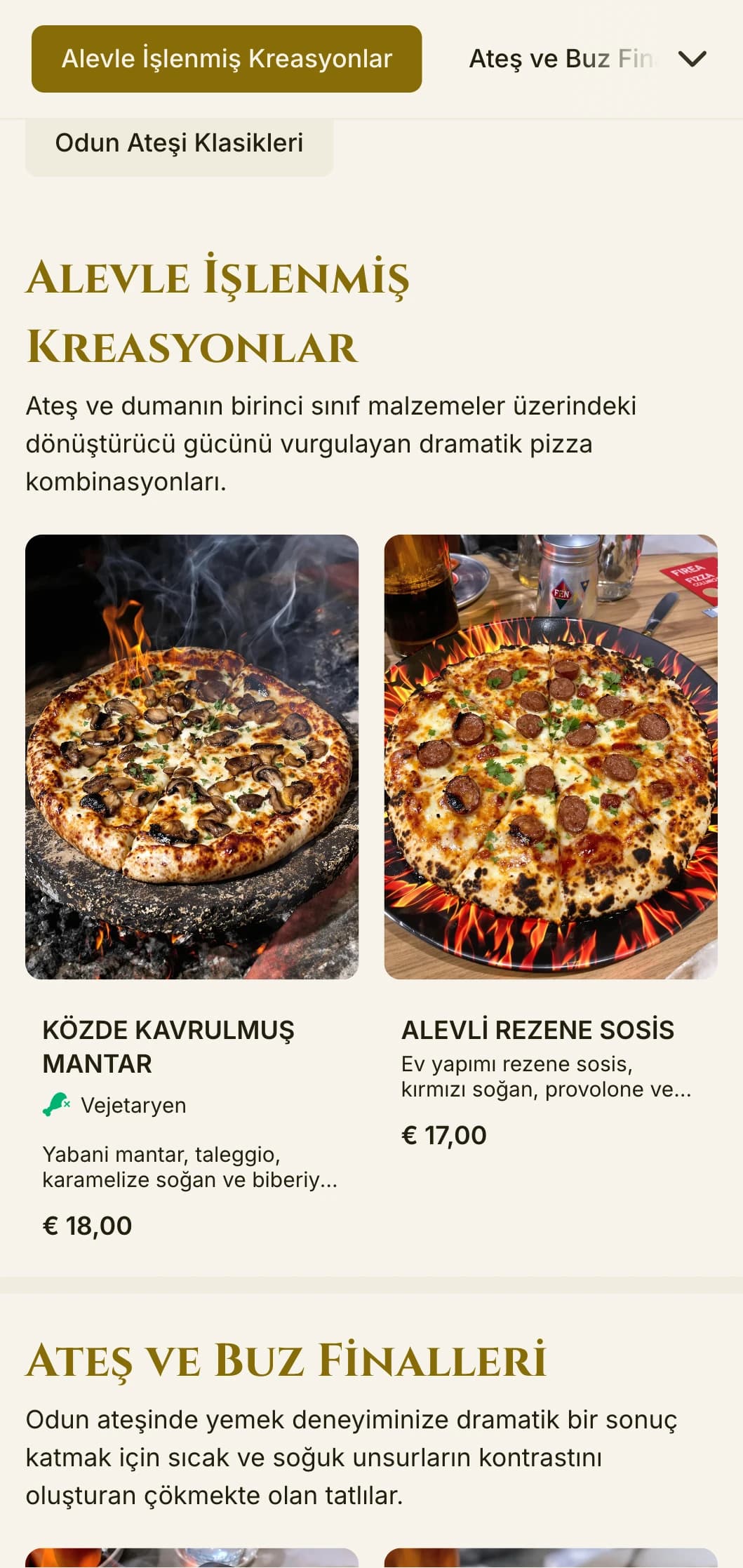 Odun ateşi uzmanları için zengin renkler ve cesur tipografi içeren dramatik pizza menüsü.