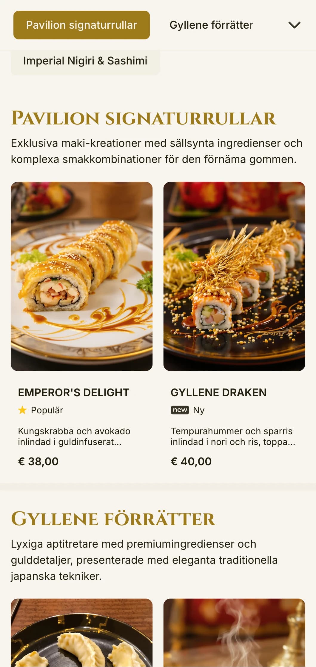 Lyxig guldaccentuerad sushimeny inspirerad av Kyotos berömda tempel, med elegant typografi och traditionella element.