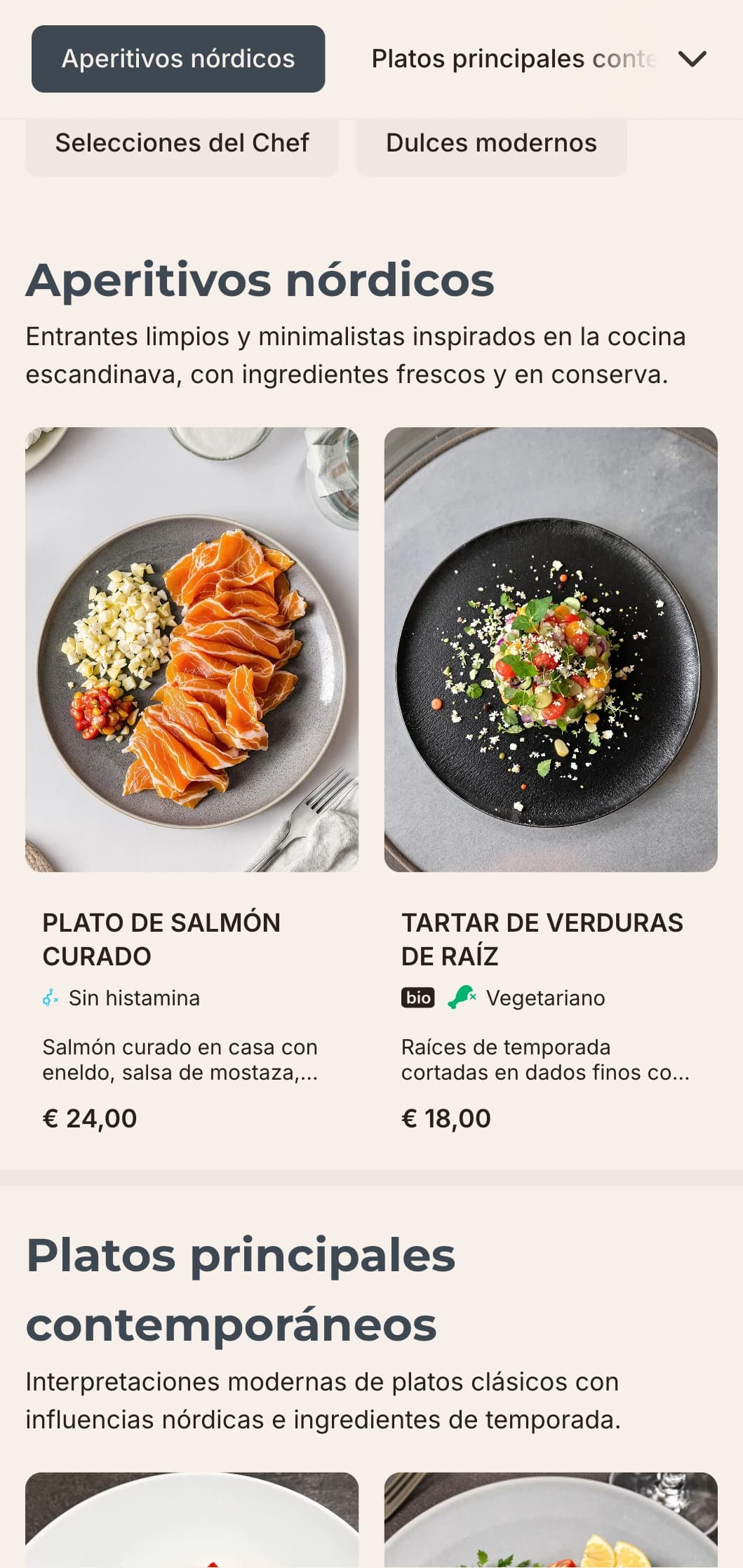 Un diseño de menú de cena limpio y minimalista con influencias escandinavas, que presenta amplios espacios en blanco y elementos geométricos, ideal para establecimientos de restauración contemporáneos.