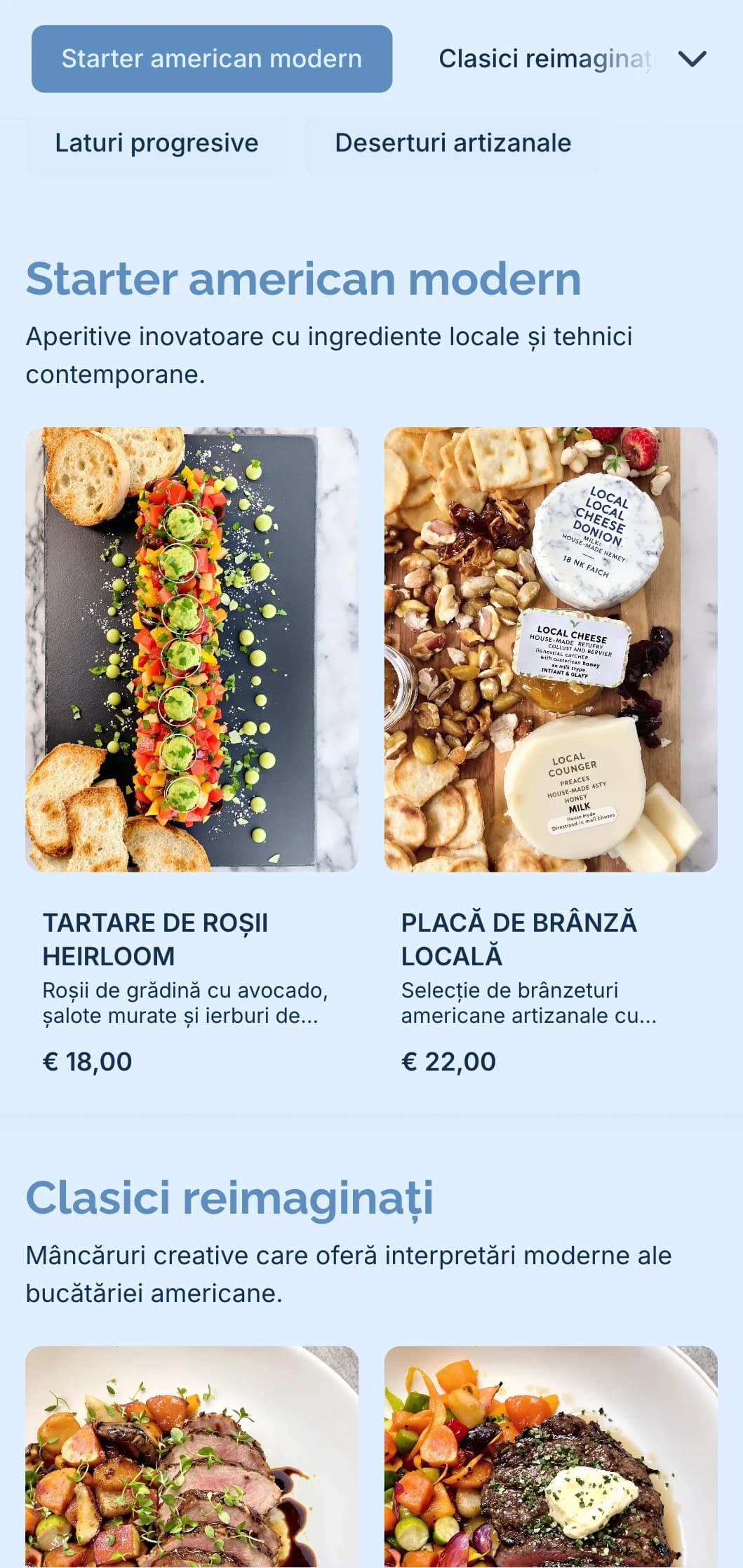 Catering modern de inspirație americană cu ingrediente locale, tehnici inovatoare și prezentare contemporană pentru evenimente sofisticate.