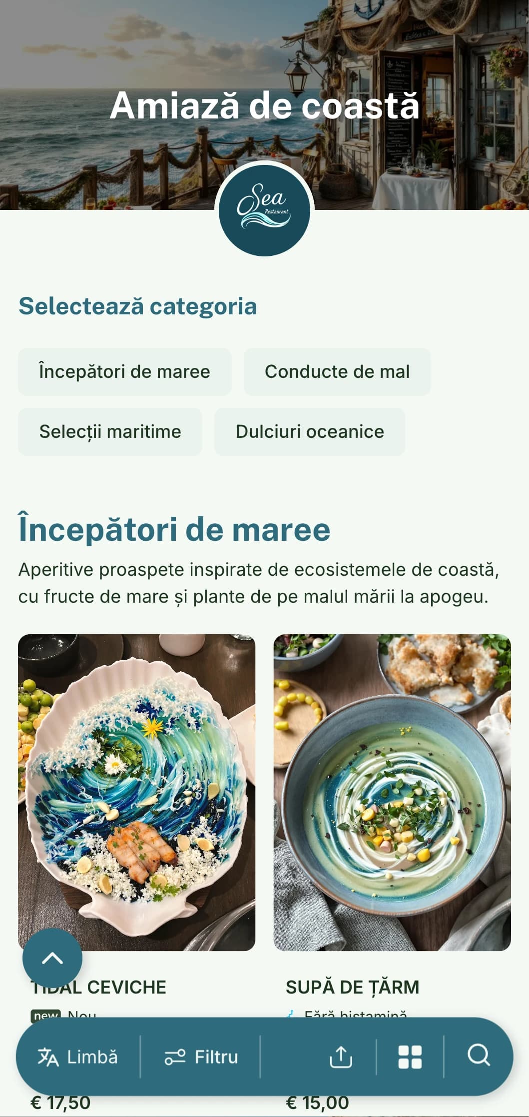 Design de meniu de prânz proaspăt, de inspirație maritimă, cu elemente de coastă și referințe la ocean, ideal pentru restaurantele de pe malul mării și restaurantele de pe malul mării.