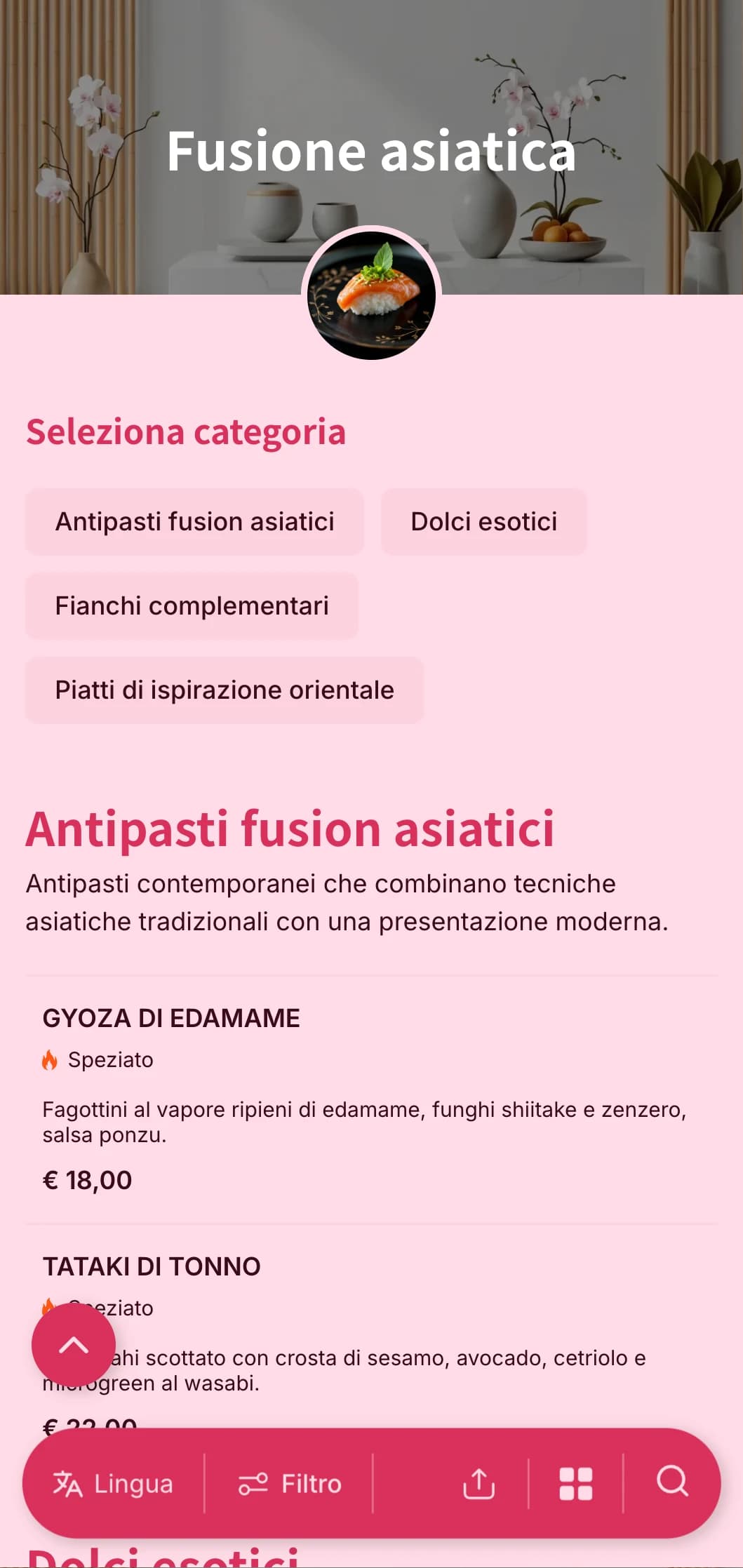 Catering contemporaneo di ispirazione asiatica che combina tecniche tradizionali con una presentazione moderna per eventi di tendenza e riunioni internazionali.