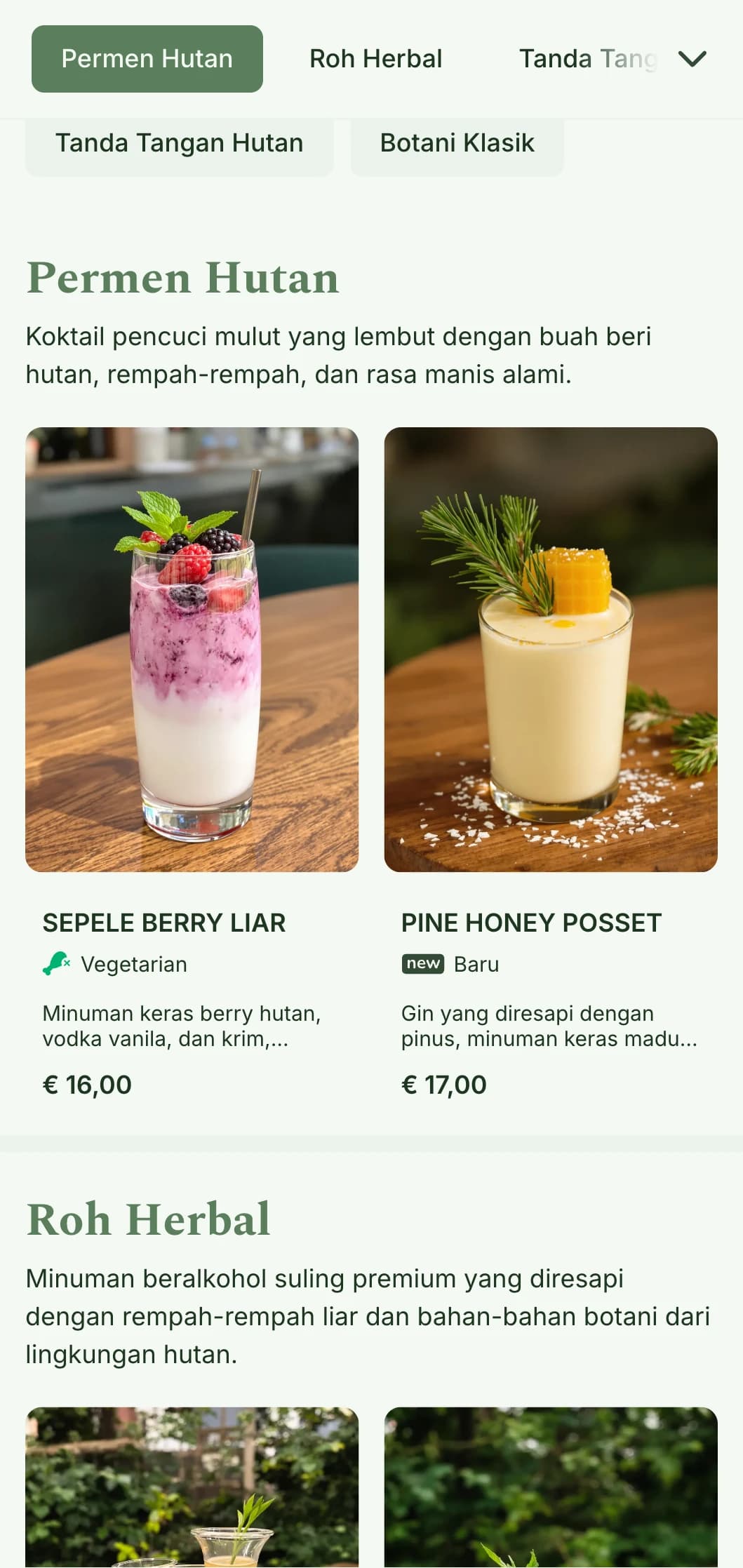 Desain yang terinspirasi dari hutan untuk bar yang berspesialisasi dalam bahan-bahan yang diambil dari hutan dan koktail yang mengandung ramuan herbal.
