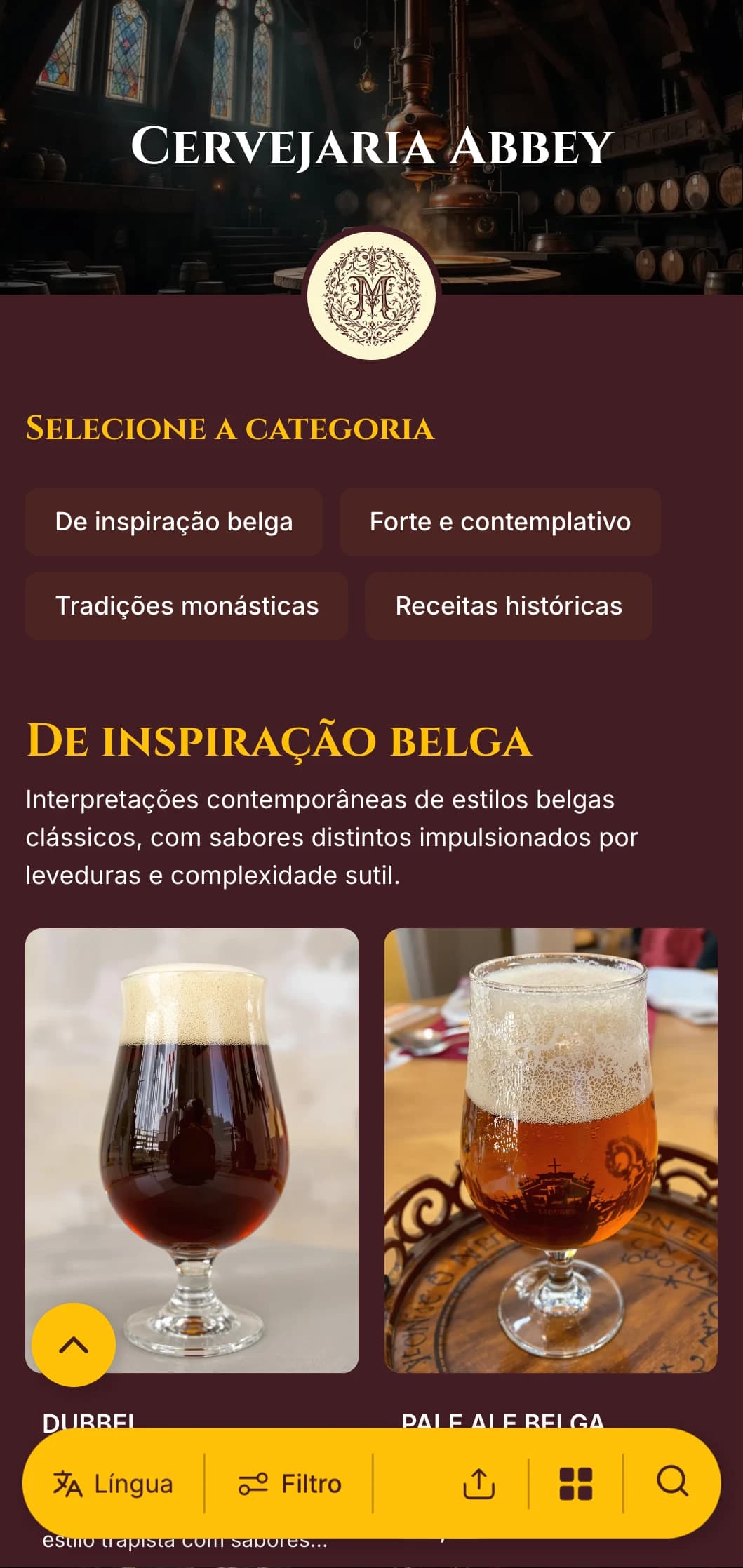 Design elegante e histórico inspirado nas tradições cervejeiras monásticas, com ricos tons de vinho e tipografia clássica.