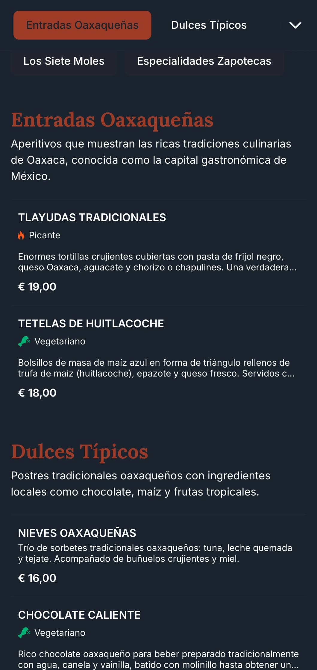 Menú rico y terrenal que celebra las tradiciones culinarias de Oaxaca con acentos de terracota, patrones indígenas y platos especiales de mole.
