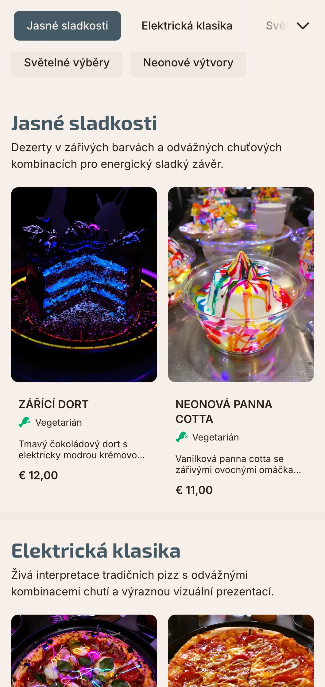 Moderní pizza menu s neonovými barevnými akcenty a moderní městskou estetikou.