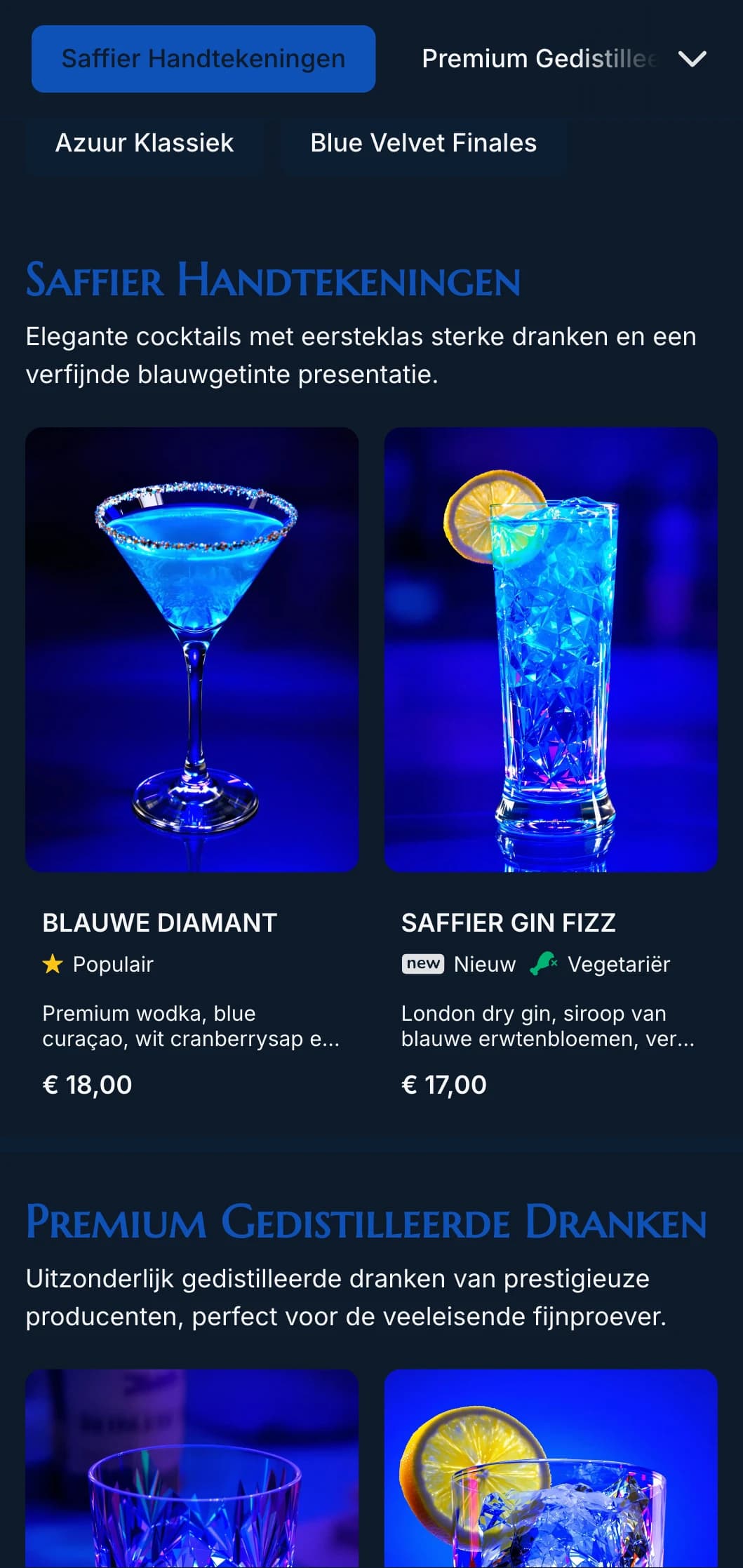 Een luxe, op edelstenen geïnspireerd ontwerp voor chique cocktaillounges met diepblauwe tinten en elegante typografie.