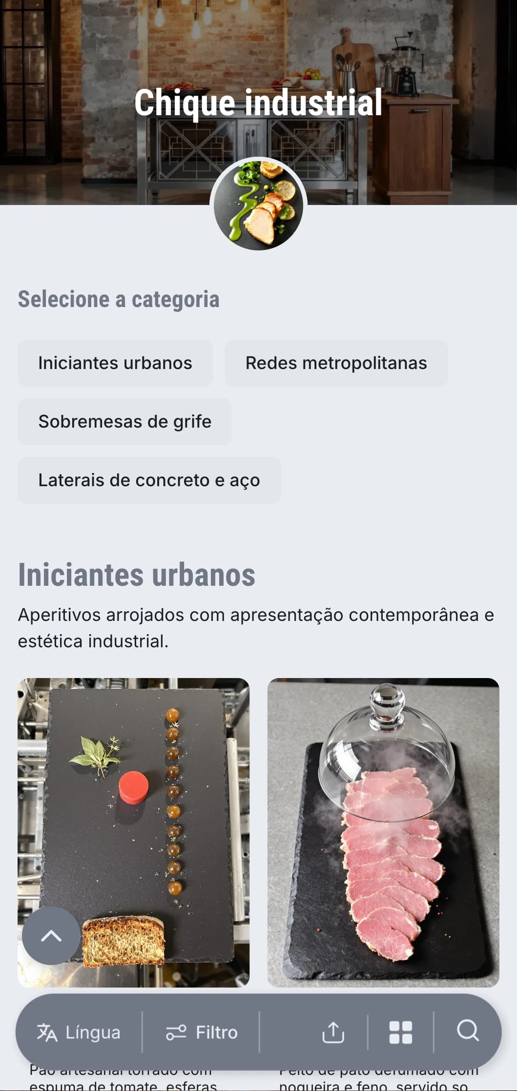 Apresentação de bufê crua e arrojada com estética urbana moderna, elementos metálicos e texturas de concreto para eventos em galpões e inaugurações de galerias.