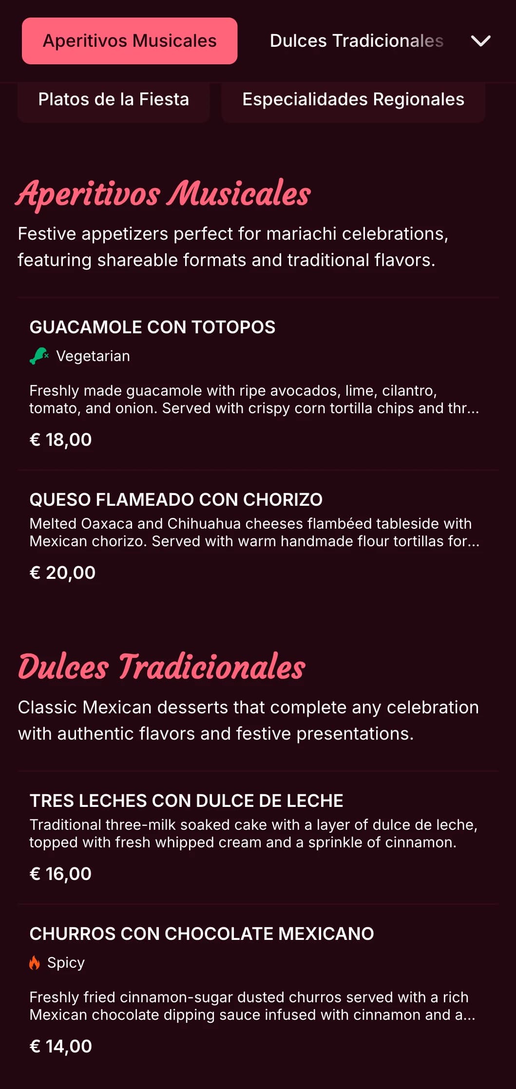 Lively and musical Mexican menu featuring bright pink accents, mariachi imagery, and festive dishes perfect for celebrations and parties.