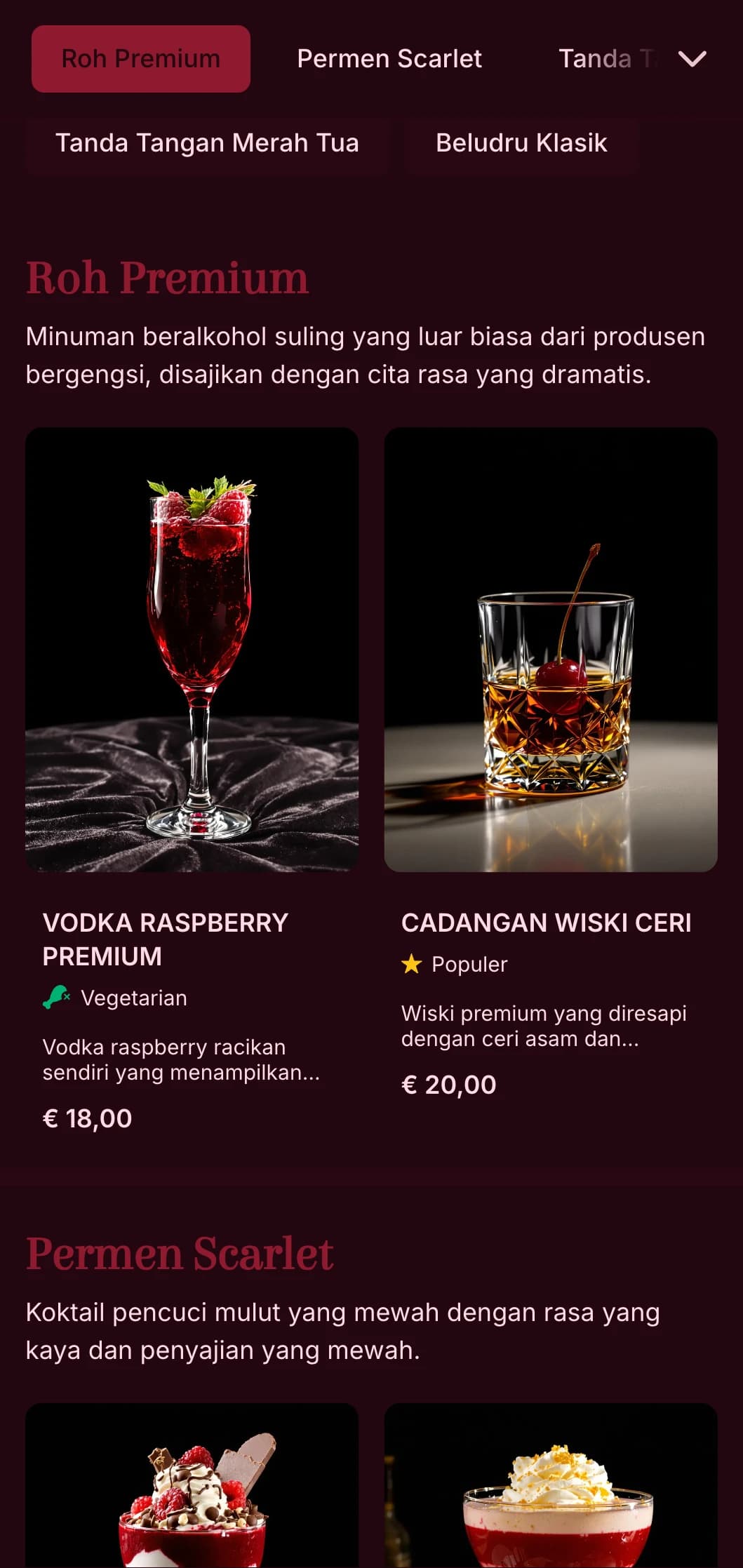Desain mewah yang terinspirasi dari teater untuk lounge koktail kelas atas yang menampilkan warna merah tua yang kaya dan tipografi yang dramatis.