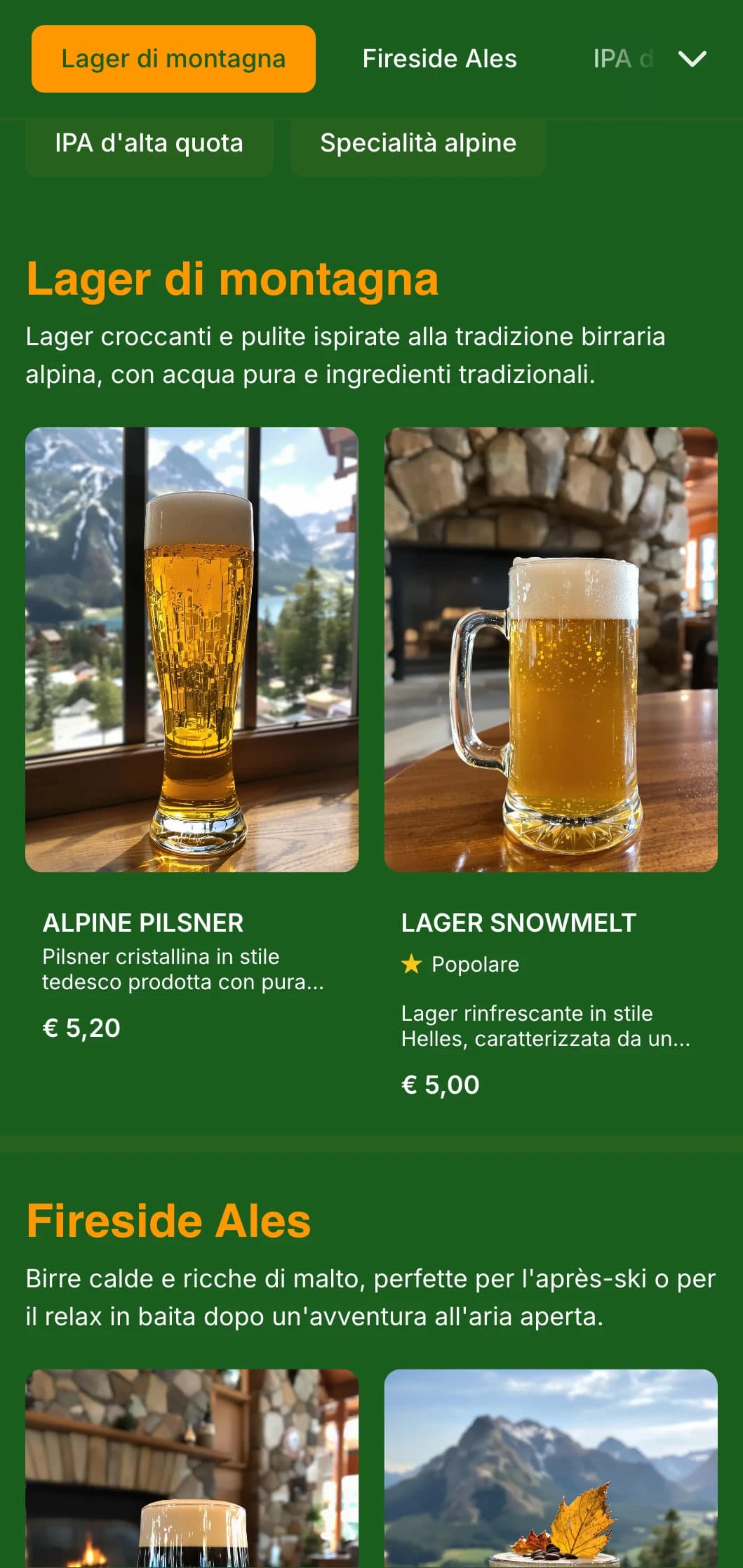 Accogliente estetica da baita di montagna con toni verde bosco ed elementi rustici, ideale per birrerie di alta montagna e stazioni sciistiche.