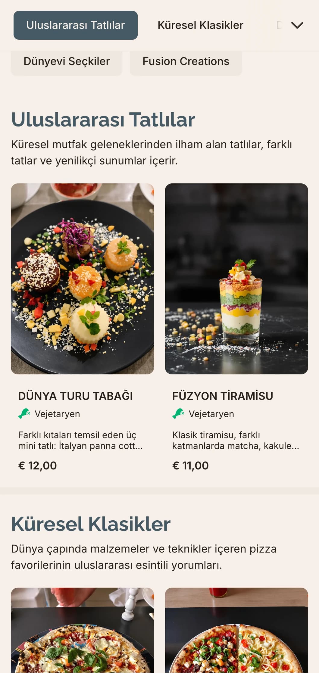 Yenilikçi lezzet kombinasyonları için çağdaş tasarımlı küresel füzyon pizza menüsü.