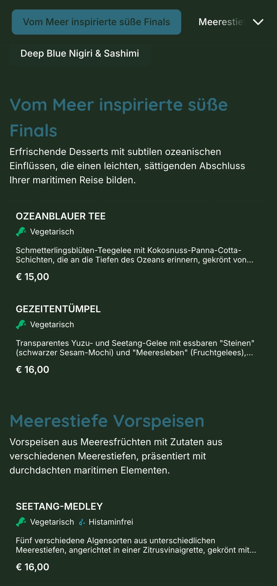 Ein ruhiges, tiefblaues Sushi-Menü, inspiriert von den Tiefen des Ozeans, mit maritimen Elementen und Schwerpunkt auf frischen Meeresfrüchten.