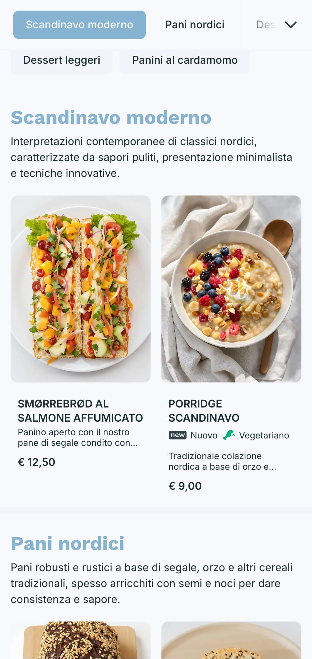 Un design di menu per panetteria leggero e arioso, con toni blu freddi e tipografia pulita, perfetto per panetterie di ispirazione scandinava e caffè moderni.