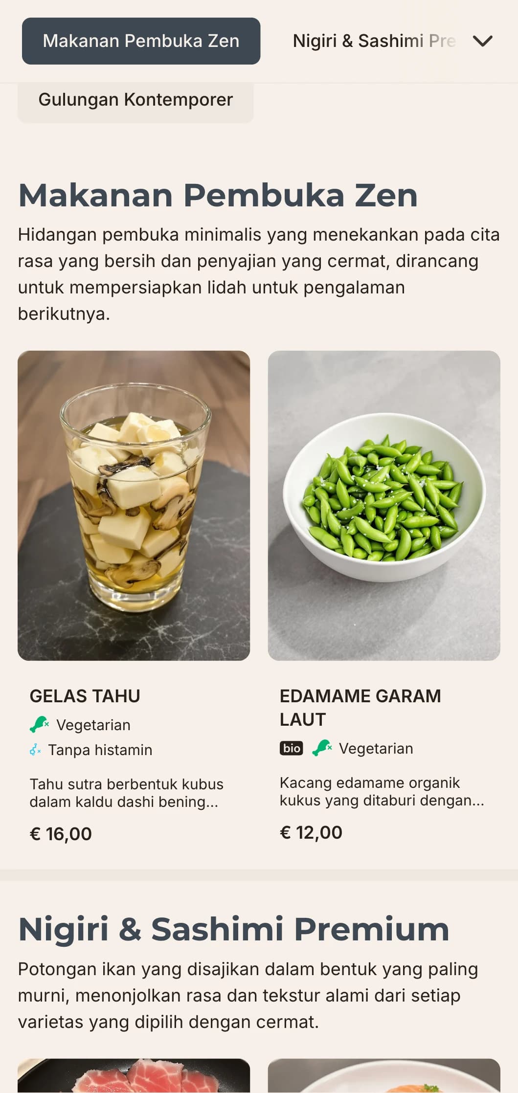 Desain menu sushi yang bersih dan kontemporer dengan estetika minimalis, cocok untuk restoran Jepang kelas atas yang berfokus pada kesederhanaan dan kualitas.