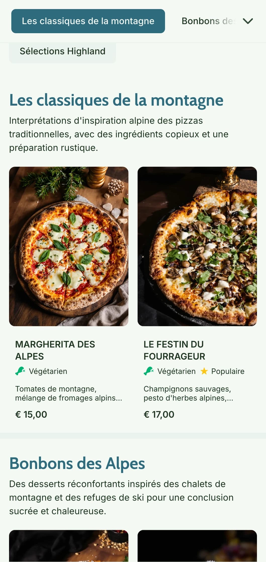 Carte de pizzas d'inspiration montagnarde avec des éléments naturels et une esthétique alpine rustique.