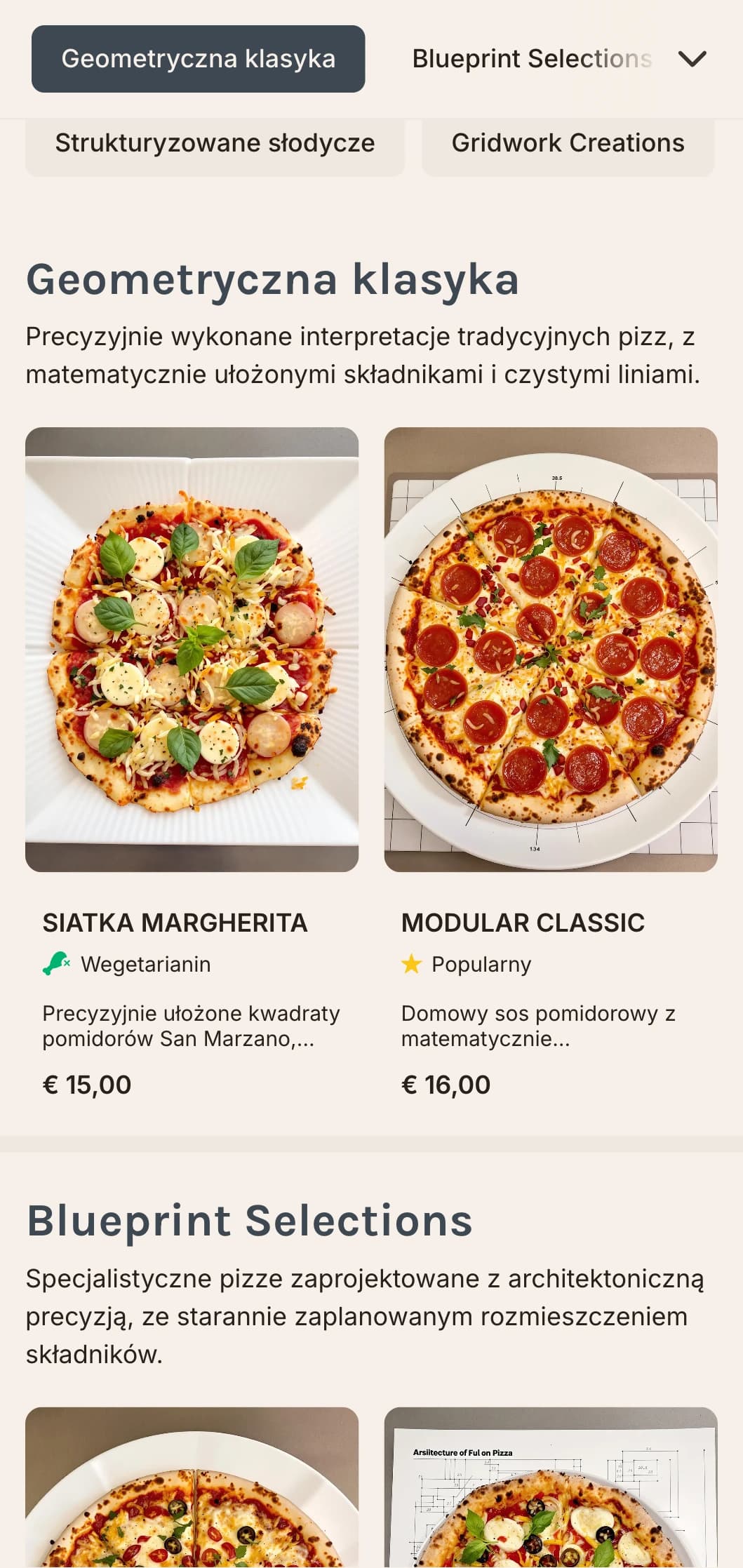 Geometryczne, nowoczesne menu pizzy z układem siatki i precyzyjnymi elementami projektu.