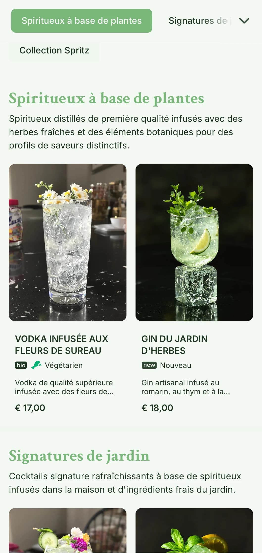 Un design frais, inspiré des jardins, pour les bars spécialisés dans les spritz et les cocktails botaniques frais, avec une typographie légère et aérée.