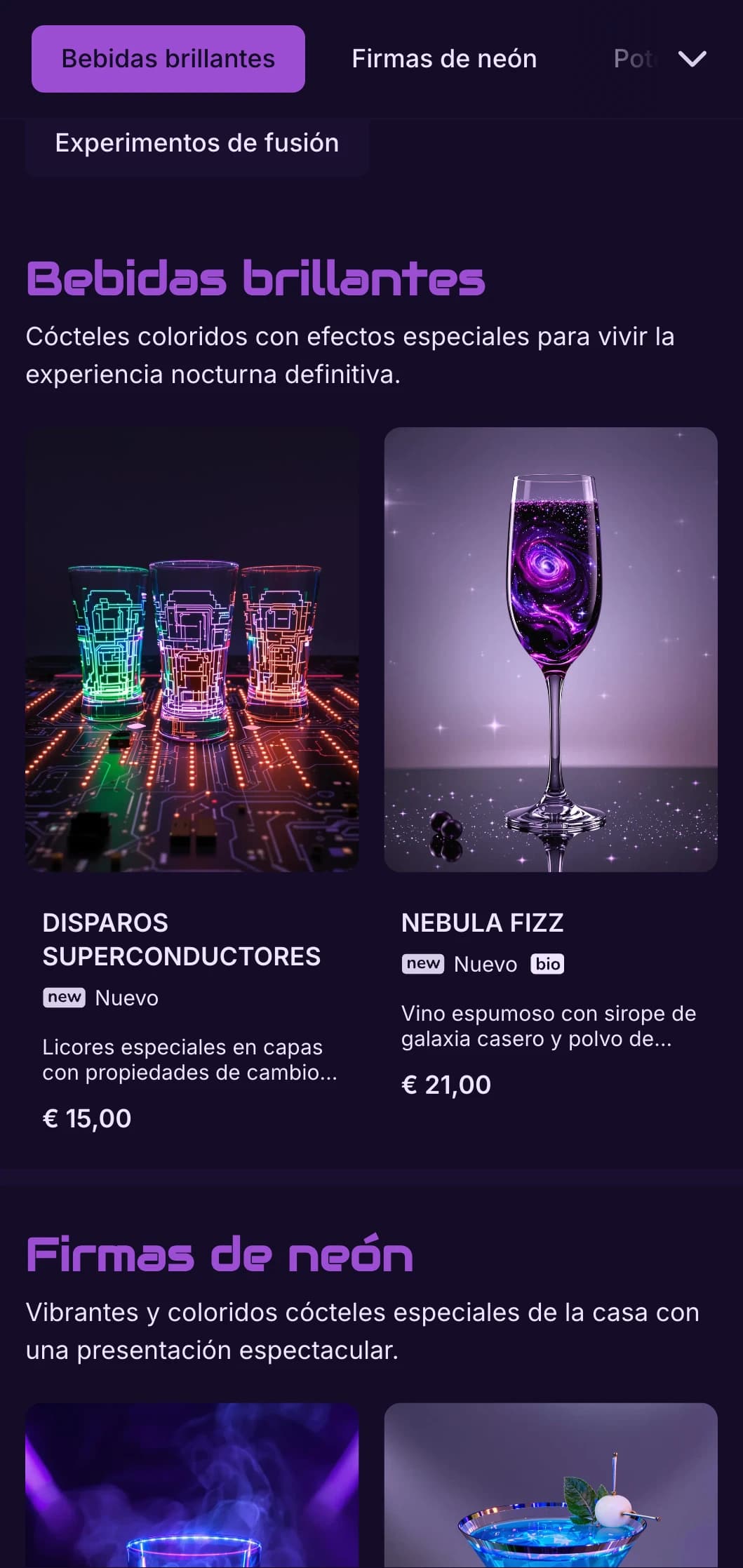 Diseño de alto contraste en morado y negro con elementos de neón para bares de cócteles contemporáneos.