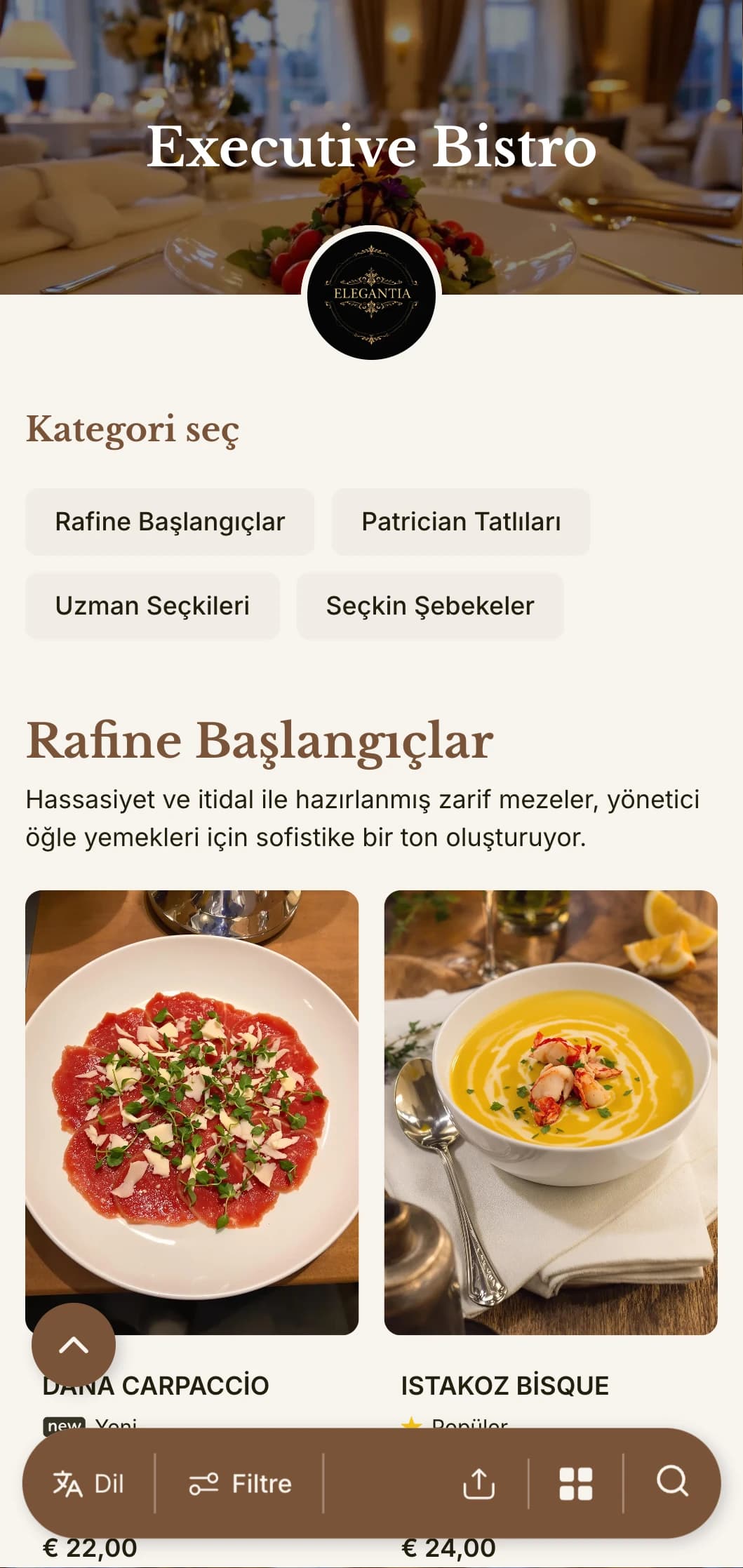 İş profesyonellerine hizmet veren lüks otel restoranları ve yönetici yemek odaları için tasarlanmış, zarif tipografi ve zarif aralıklara sahip sofistike öğle yemeği menüsü tasarımı.