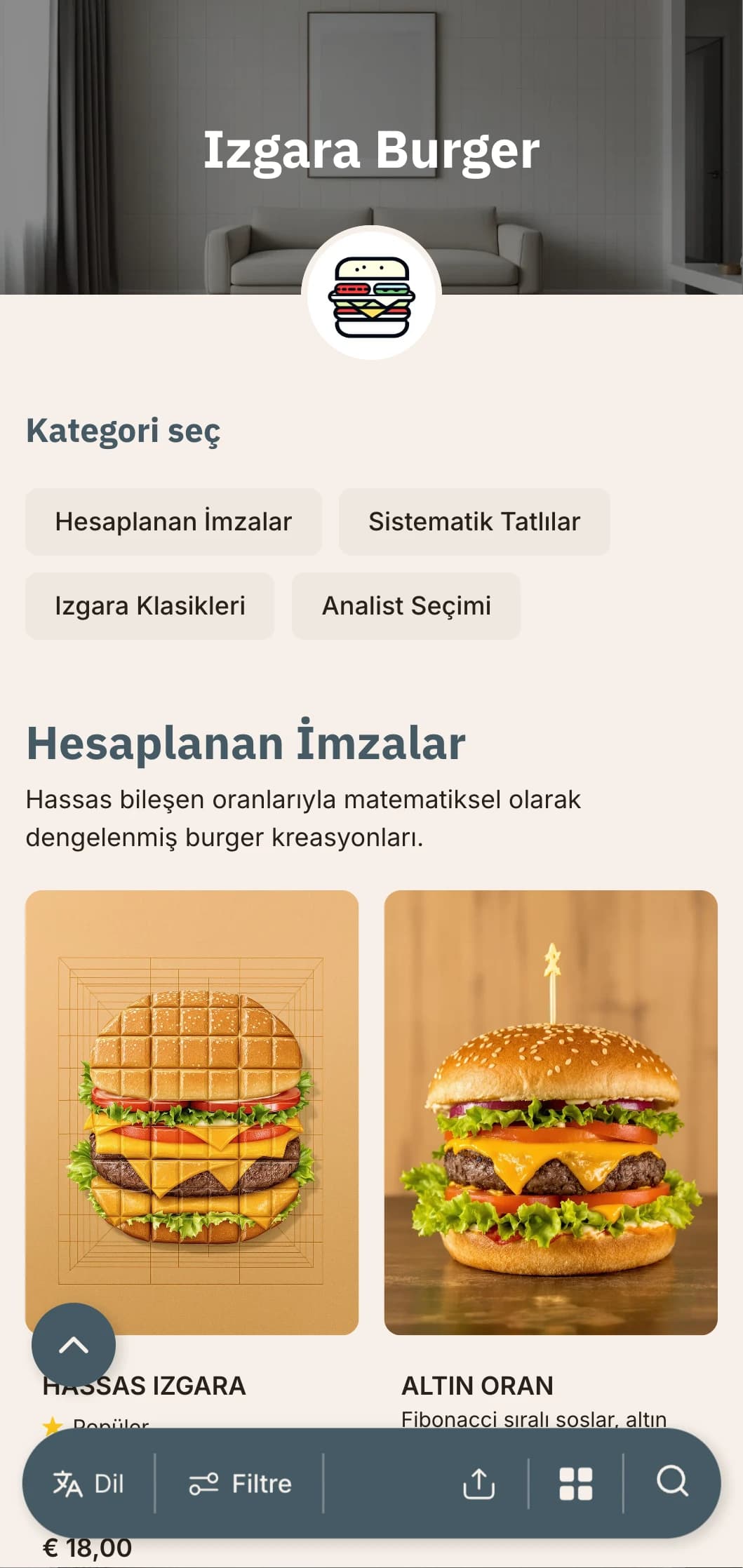 Izgara düzenleri ve sistematik sunum ile matematiksel hassas burger konsepti.