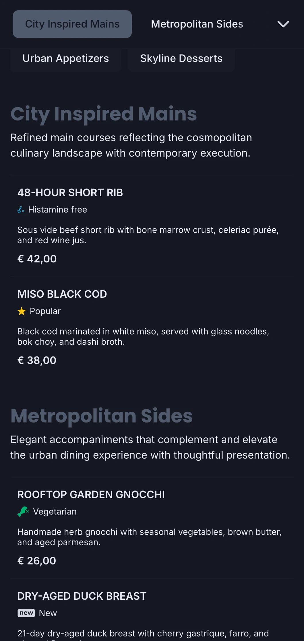 Bold, cosmopolitan design capturing the essence of upscale urban dining with refined contemporary aesthetics.