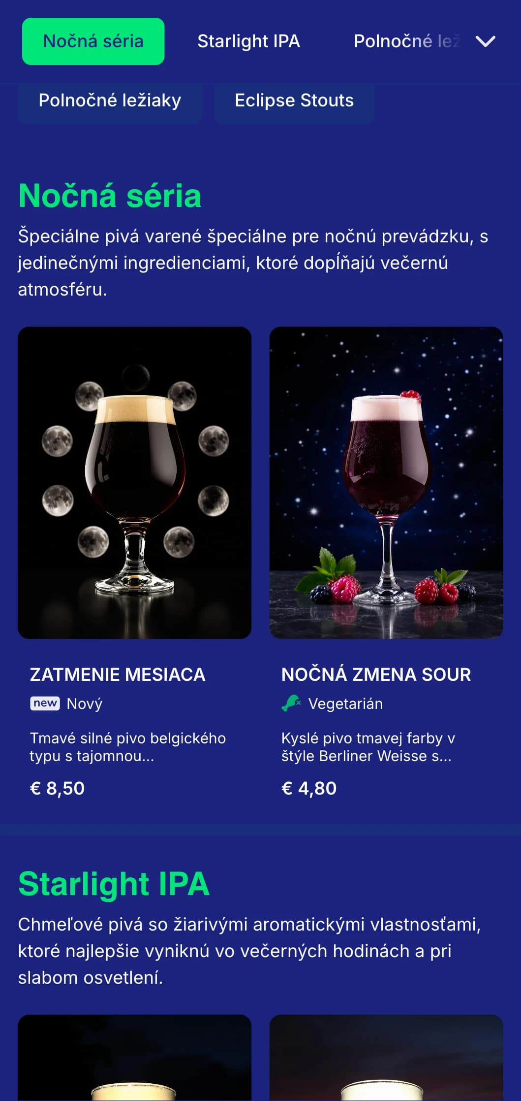 Temný a tajomný dizajn s polnočnými modrými tónmi a lunárnymi prvkami je ideálny pre podniky zamerané na večer a nočné pivárne.