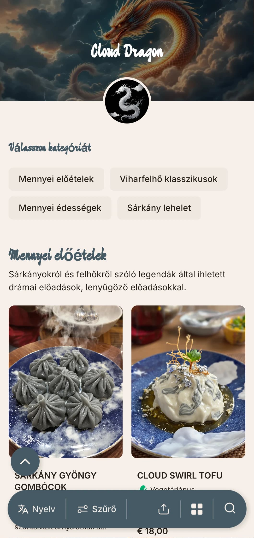Drámai kínai menü design felhő- és sárkánymotívumokkal, erőteljes elemekkel az autentikus császári konyha számára.