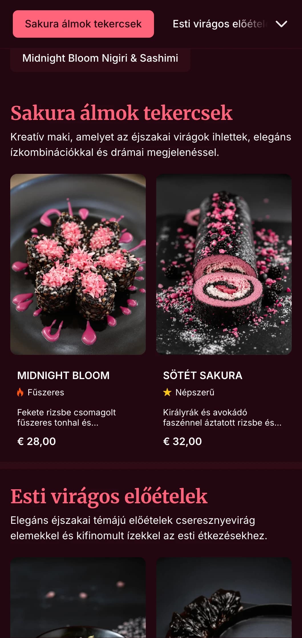 Elegáns esti sushi-élmény drámai cseresznyevirág motívumokkal a mély bordó színű, előkelő étkezésekhez.