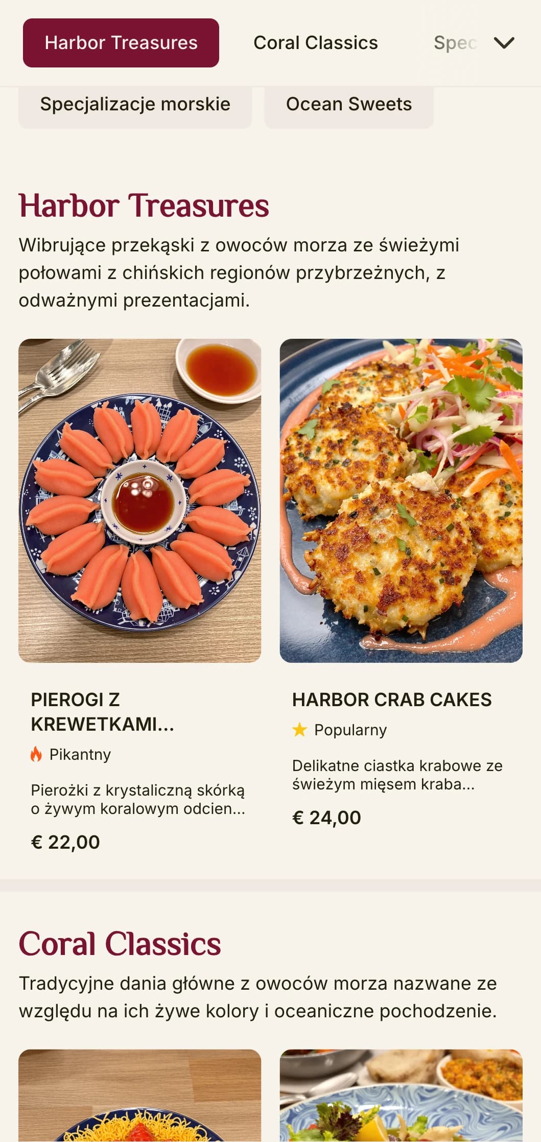 Wibrujące chińskie menu inspirowane koralowcami i estetyką portową, z odważnymi kolorami dla restauracji serwujących owoce morza.