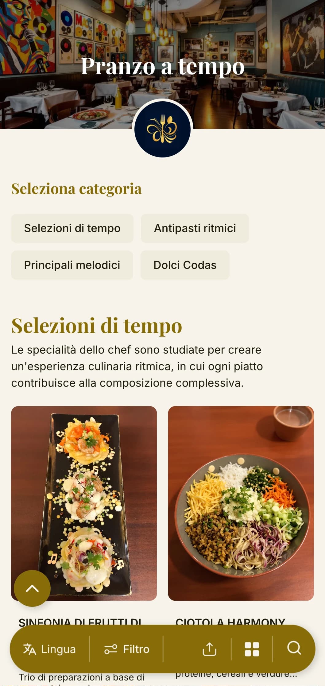 Design dinamico e ispirato al ritmo per il menu del pranzo, con elementi musicali e layout fluido, ideale per i ristoranti vicino a teatri e luoghi culturali.