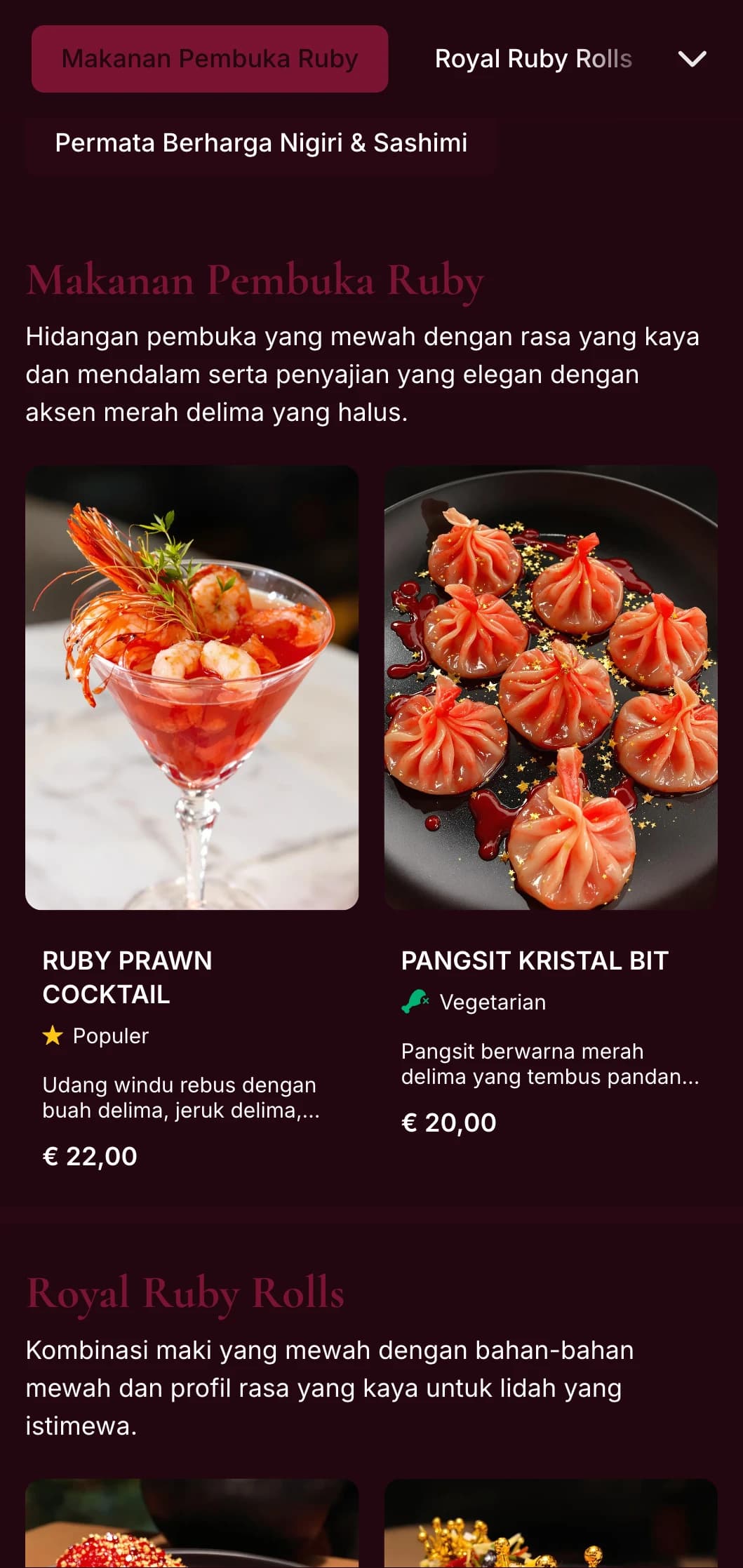 Menu sushi yang kaya warna merah tua yang terinspirasi dari warna merah delima yang mewah untuk restoran fusion Asia premium.