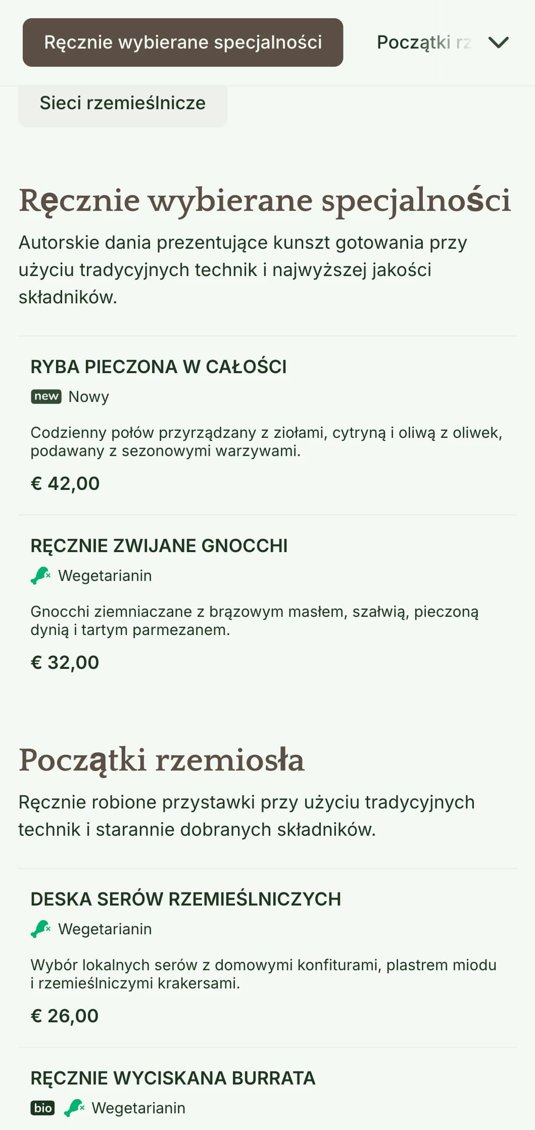 Ciepłe, rzemieślnicze menu obiadowe z elementami inspirowanymi rzemiosłem i odcieniami ziemi, idealne dla restauracji koncentrujących się na ręcznie robionej kuchni.