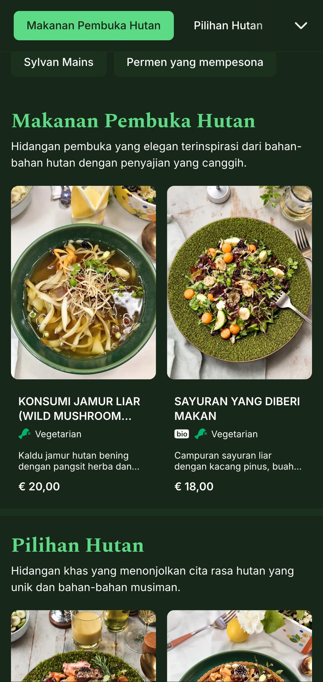Menu makan malam mewah yang terinspirasi dari nuansa hutan yang dalam dan tekstur alami, sempurna untuk hidangan yang terinspirasi dari hutan.