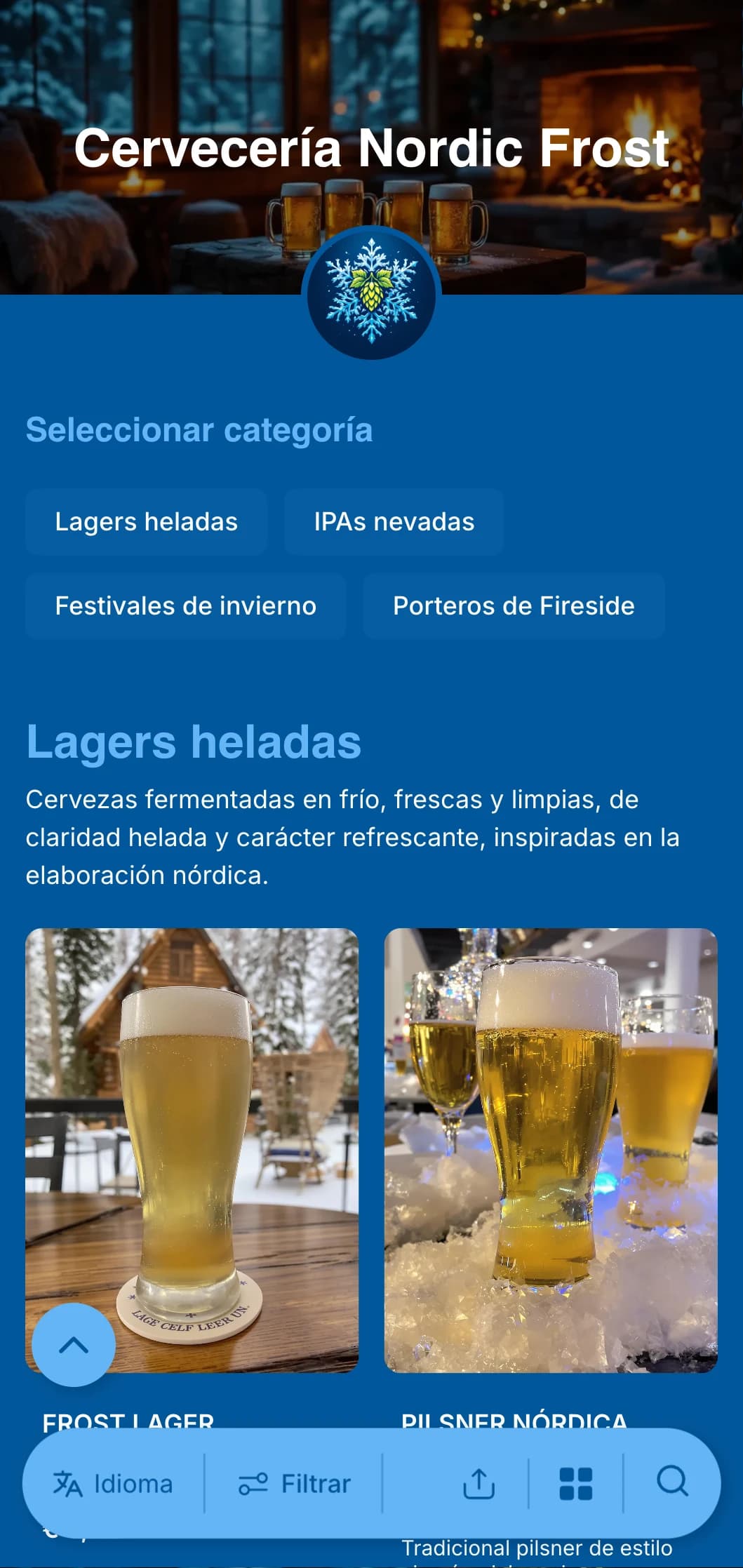 Diseño fresco y nítido de temática invernal con tonos azules helados y detalles de copos de nieve, ideal para menús de cerveza de temporada de invierno.