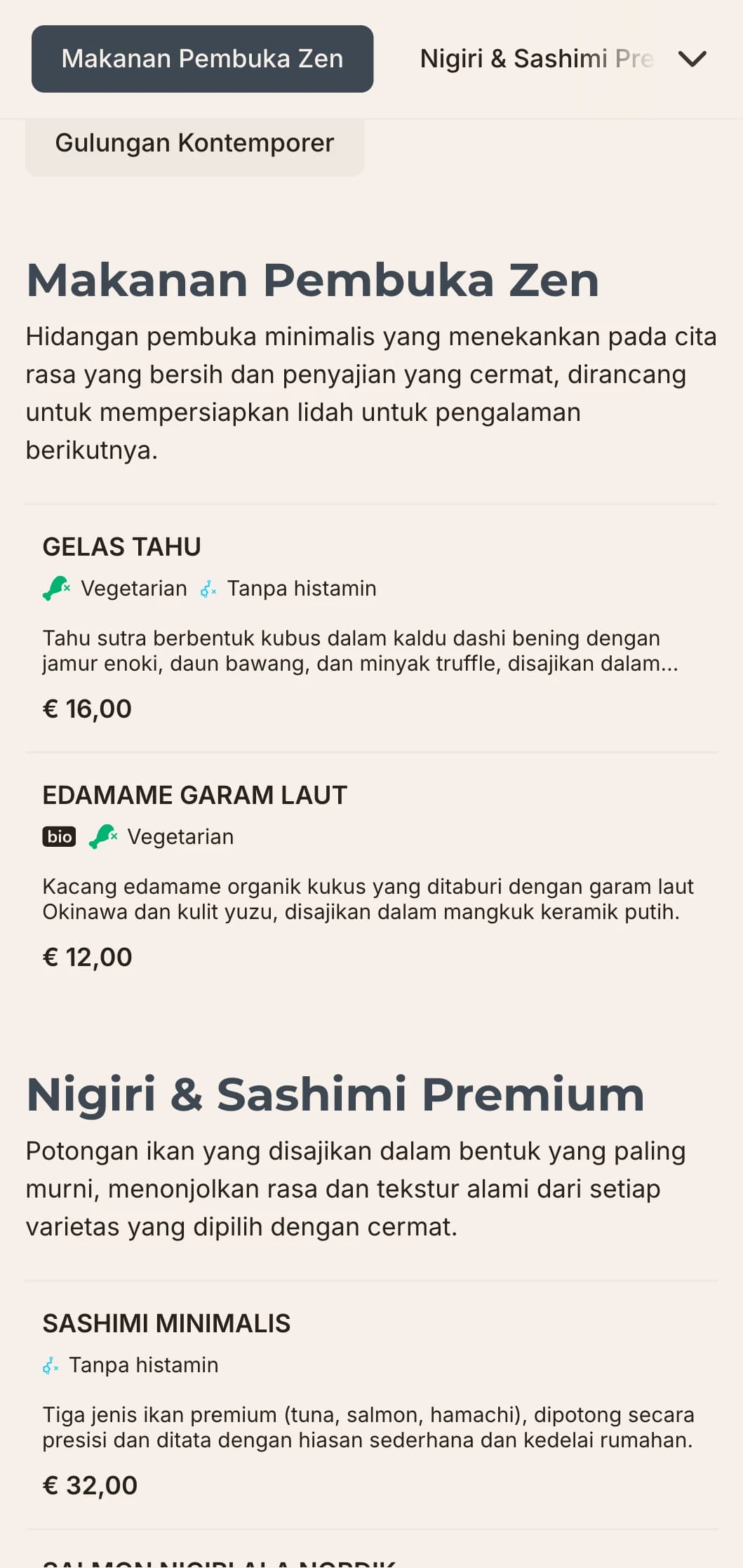 Desain menu sushi yang bersih dan kontemporer dengan estetika minimalis, cocok untuk restoran Jepang kelas atas yang berfokus pada kesederhanaan dan kualitas.