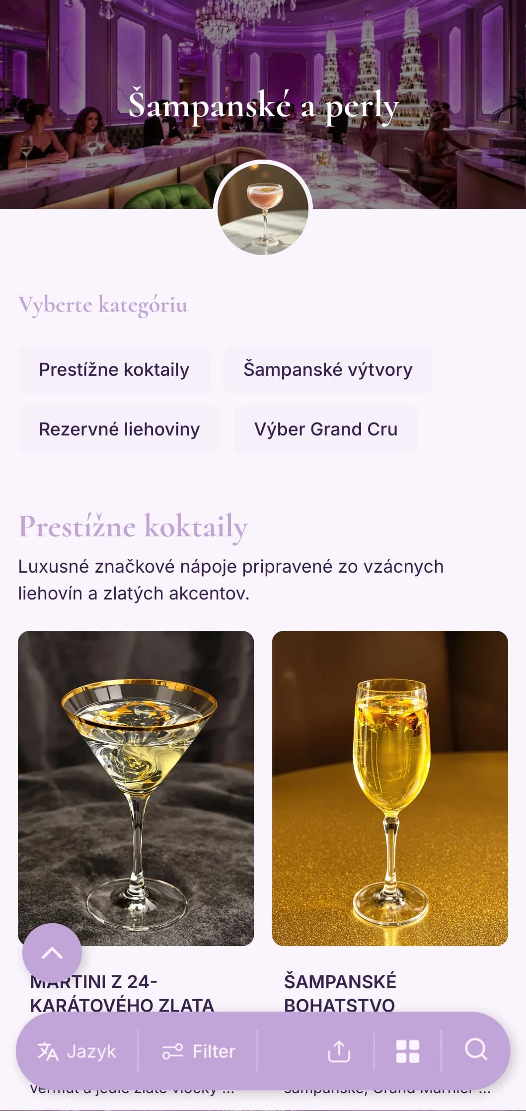 Jemný levanduľový a perleťovo biely dizajn pre špičkové šampanské a koktailové salóny.