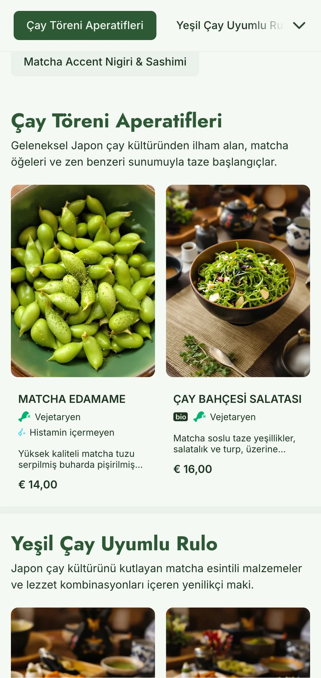 Sağlık bilincine sahip, çaydan ilham alan işletmeler için canlı matcha yeşili tonları içeren çağdaş suşi menüsü.
