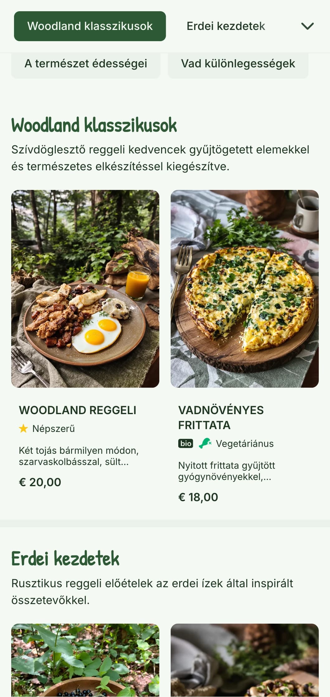 Rusztikus reggeli választék, amely az erdei esztétika által ihletett gyűjtögetett elemeket és természetes megjelenést kínál.