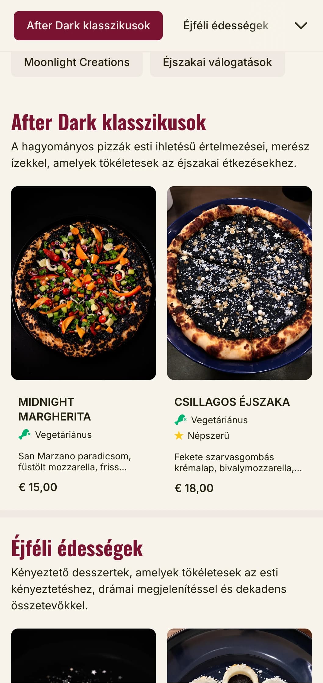 Késő esti pizzéria menüje sötét, hangulatos esztétikával az esti étkezési élményekhez.