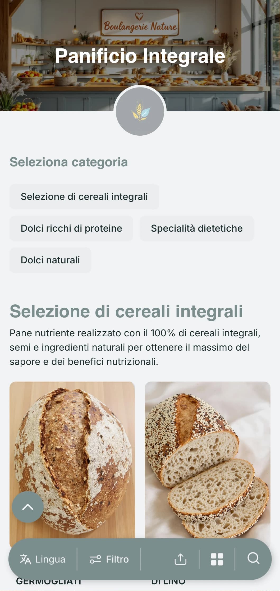 Il design del menu di una panetteria attenta alla salute, con toni naturali grigio-blu e tipografia pulita, è perfetto per le panetterie che puntano su ingredienti sani e opzioni dietetiche.