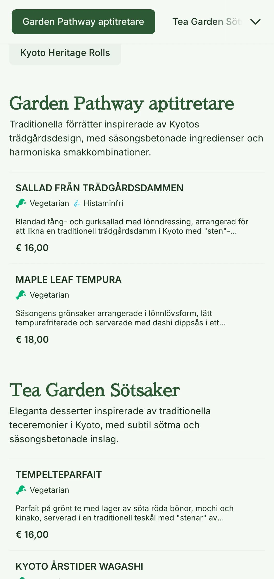 Traditionell japansk trädgårdsinspirerad sushimeny med lugna gröna toner och klassiska inslag.