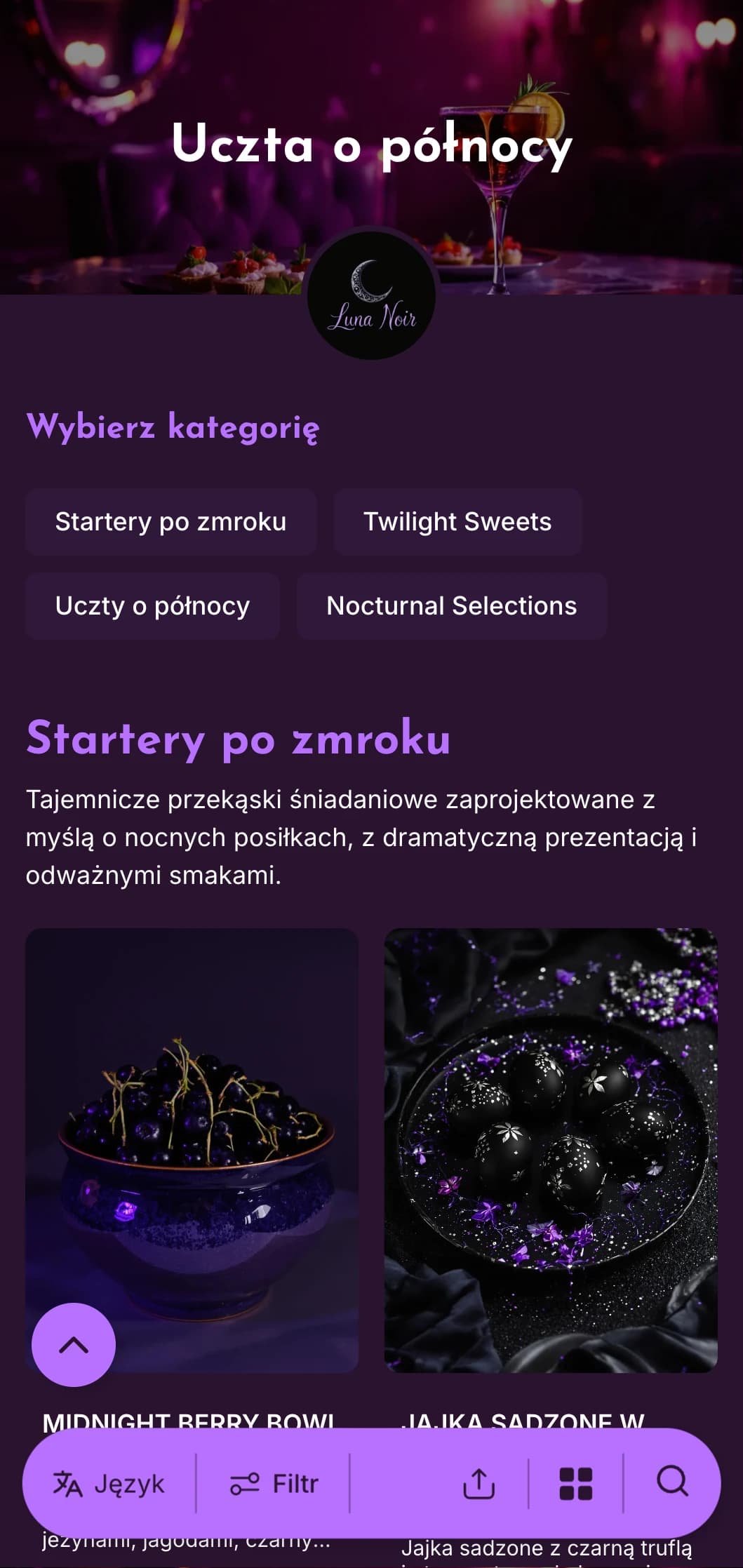 Głęboko fioletowy szablon z jasnymi akcentami, idealny do nocnych brunchów i śniadań z koktajlami.