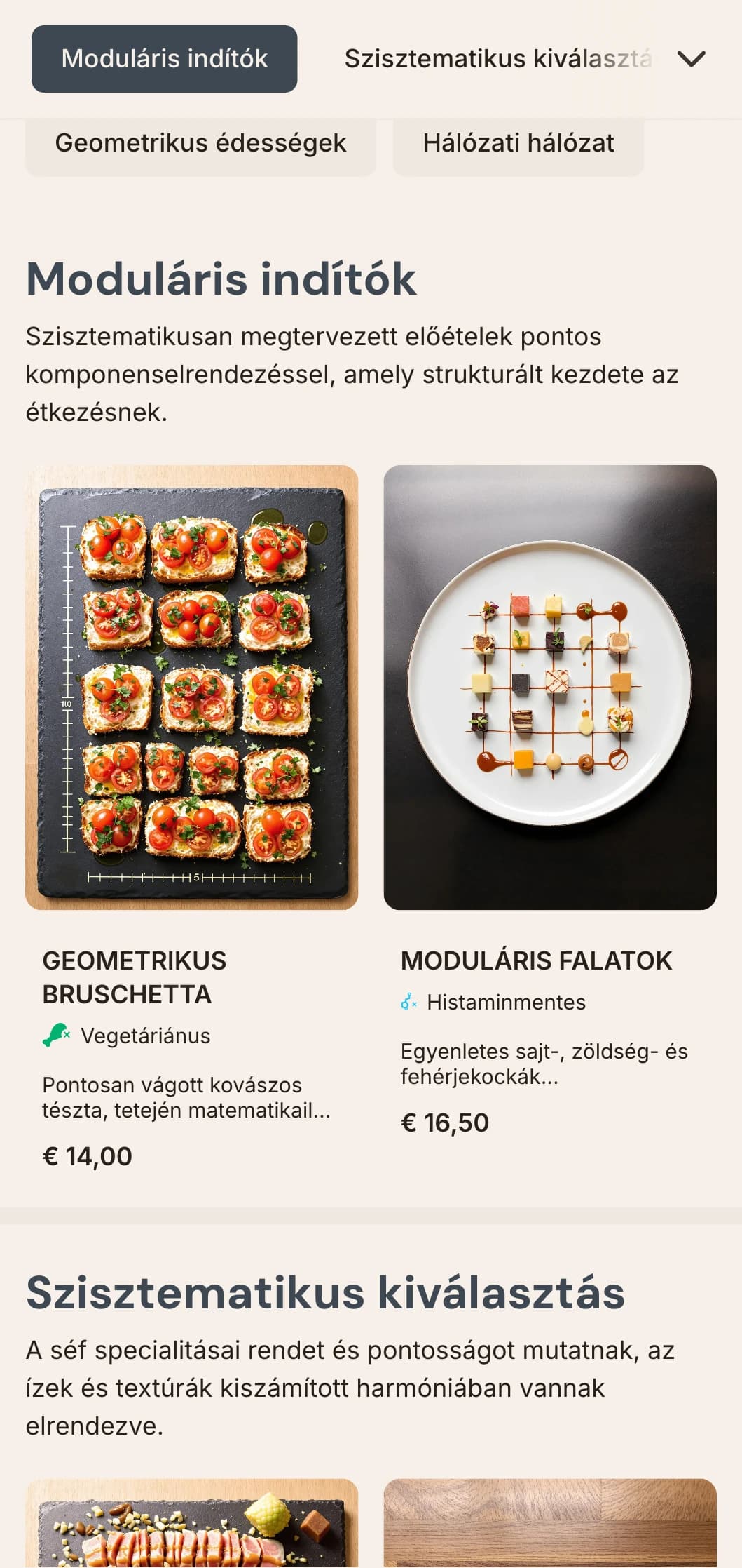 Strukturált, rácsos ebédmenü-tervezés matematikai pontossággal és letisztult szervezéssel, ideális a dizájnorientált éttermek és kortárs éttermek számára.