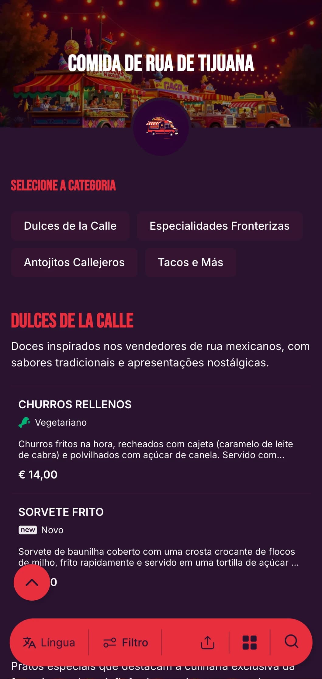 Cardápio de comida de rua arrojado e enérgico, inspirado na vibrante cena gastronômica de Tijuana, com cores vivas, tipografia casual e autênticas especialidades de taco.